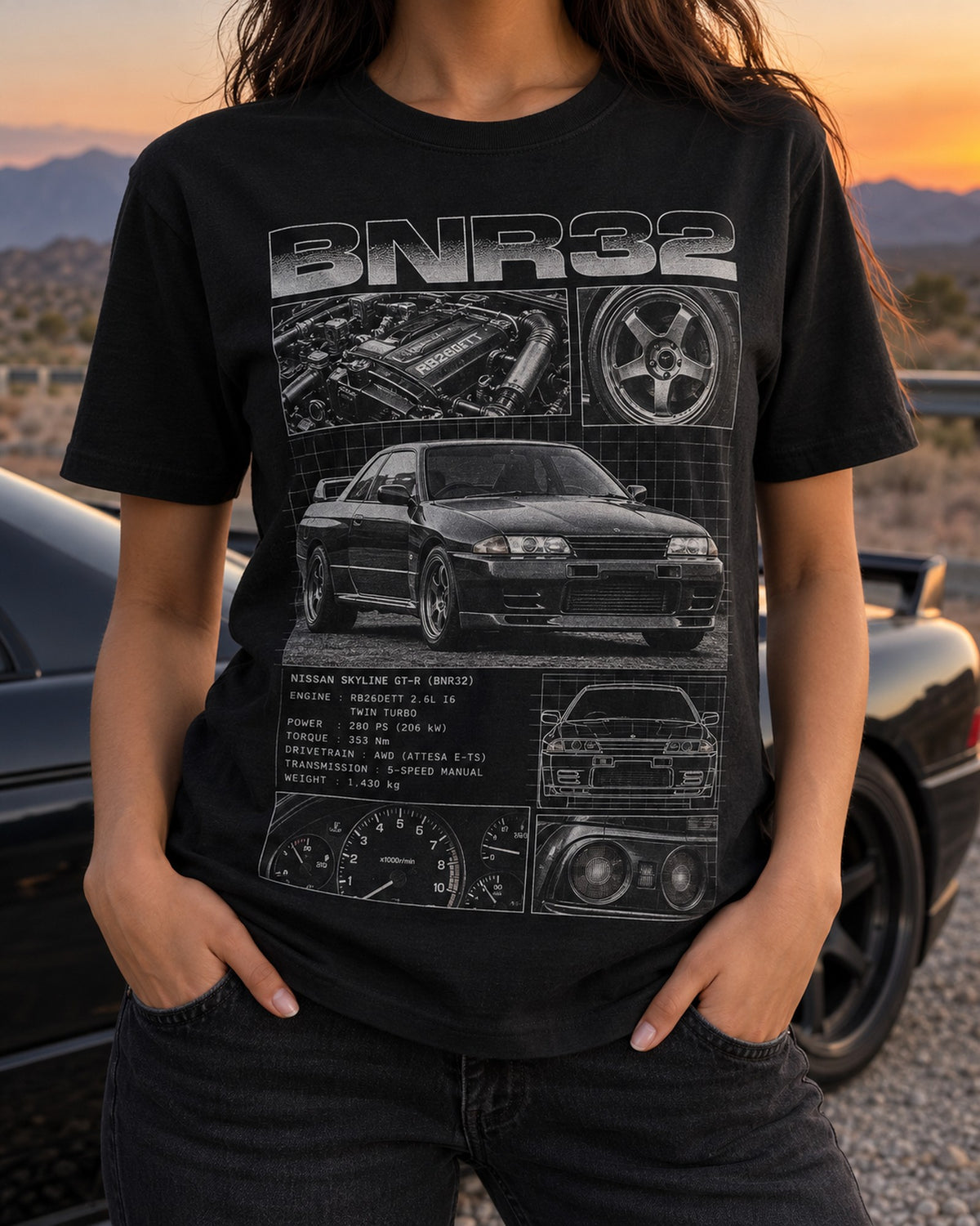 Nissan Skyline GT-R R32 BNR32 Dossier Panel Shirt T-Shirt Black worn hero