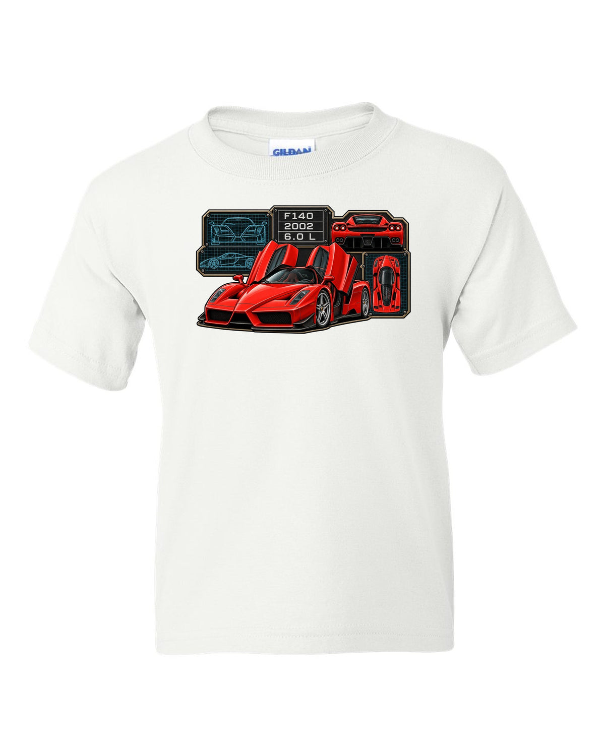 Spec-sheet data plate print of the Ferrari Enzo F140 with the text F140, 2002, 6.0 L white kids tee front view with the design