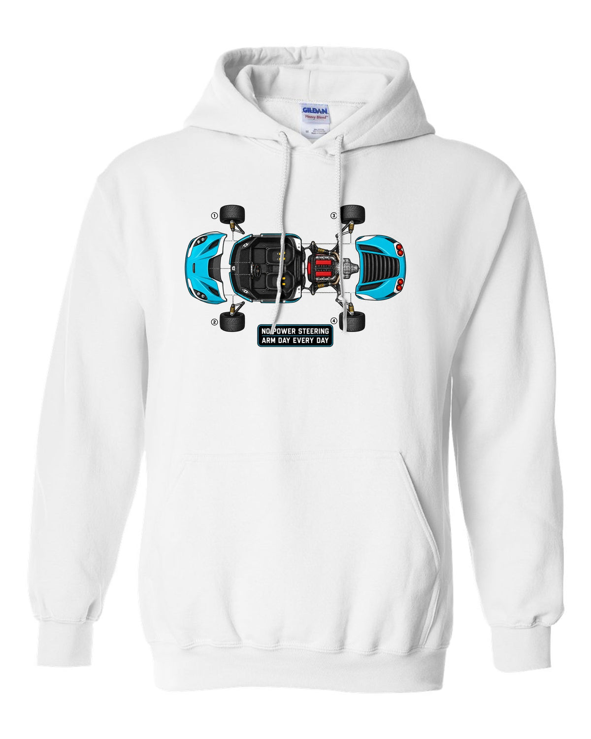 Blueprint exploded view of an Alfa Romeo 4C with no power steering arm day text white pull over hoodie front view with the design