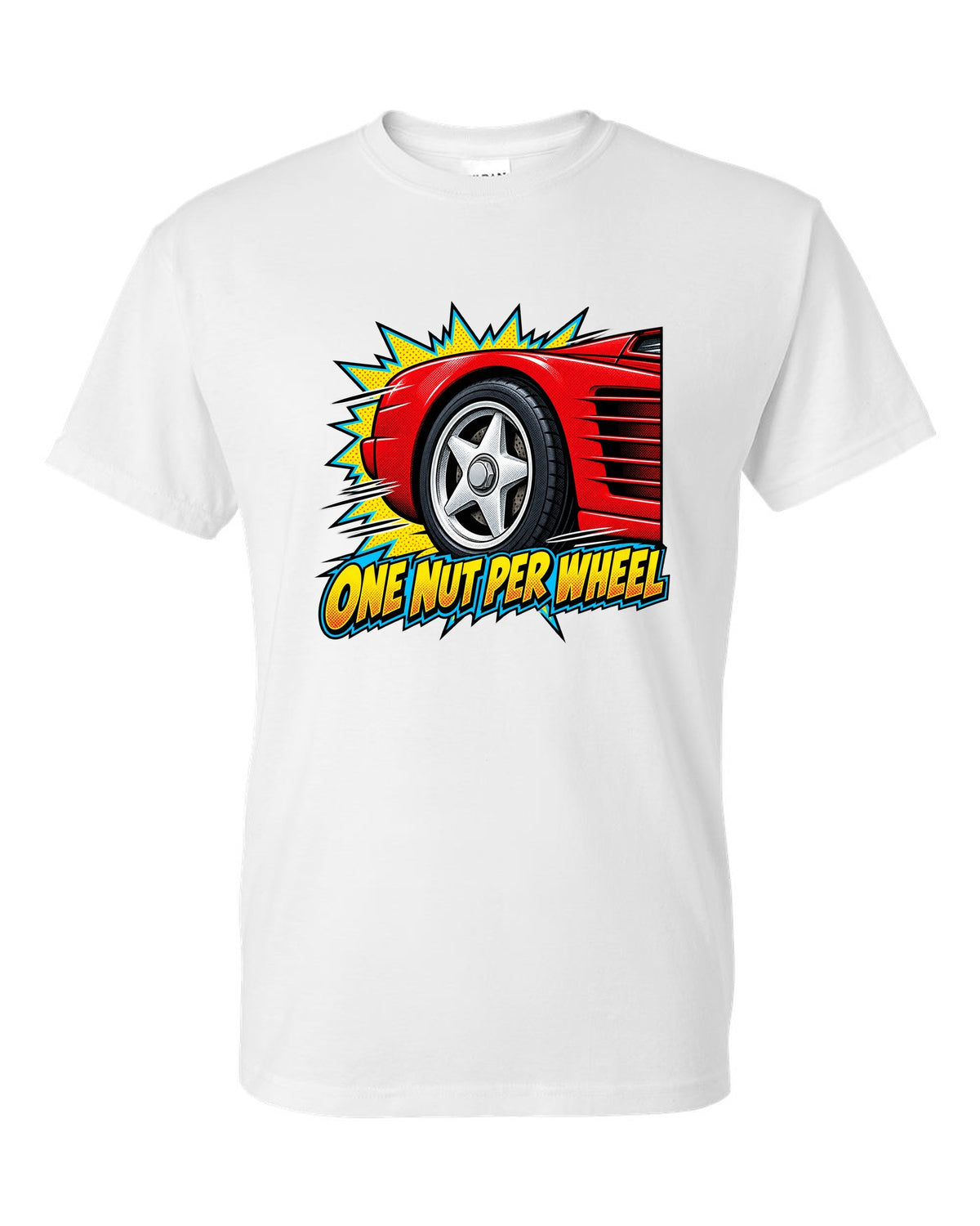 Comic halftone pop art of a Ferrari Testarossa five-star wheel white t-shirt front view with the design