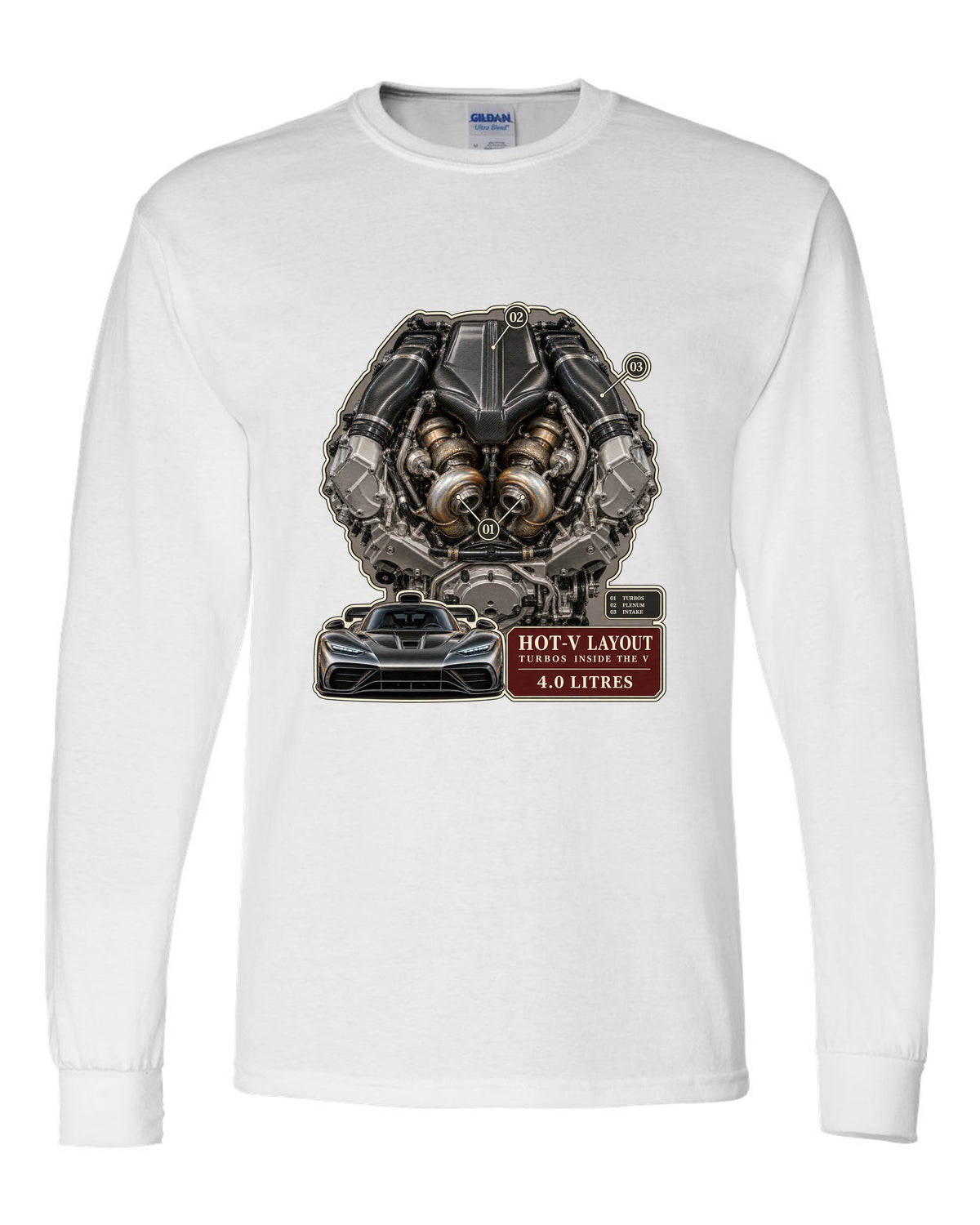 Mercedes-AMG GT 63 M178 4.0 litre biturbo V8 engine illustration white long sleeve front view with the design