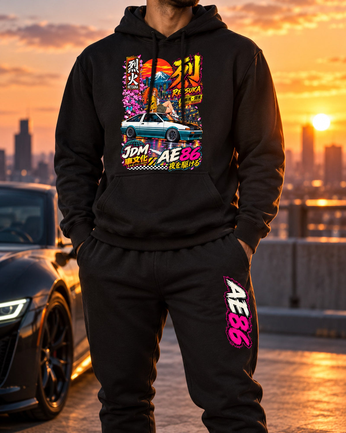 Girl Retsuka AE86 Anime Girl Poster Hoodie + Jogger Set Black worn hero