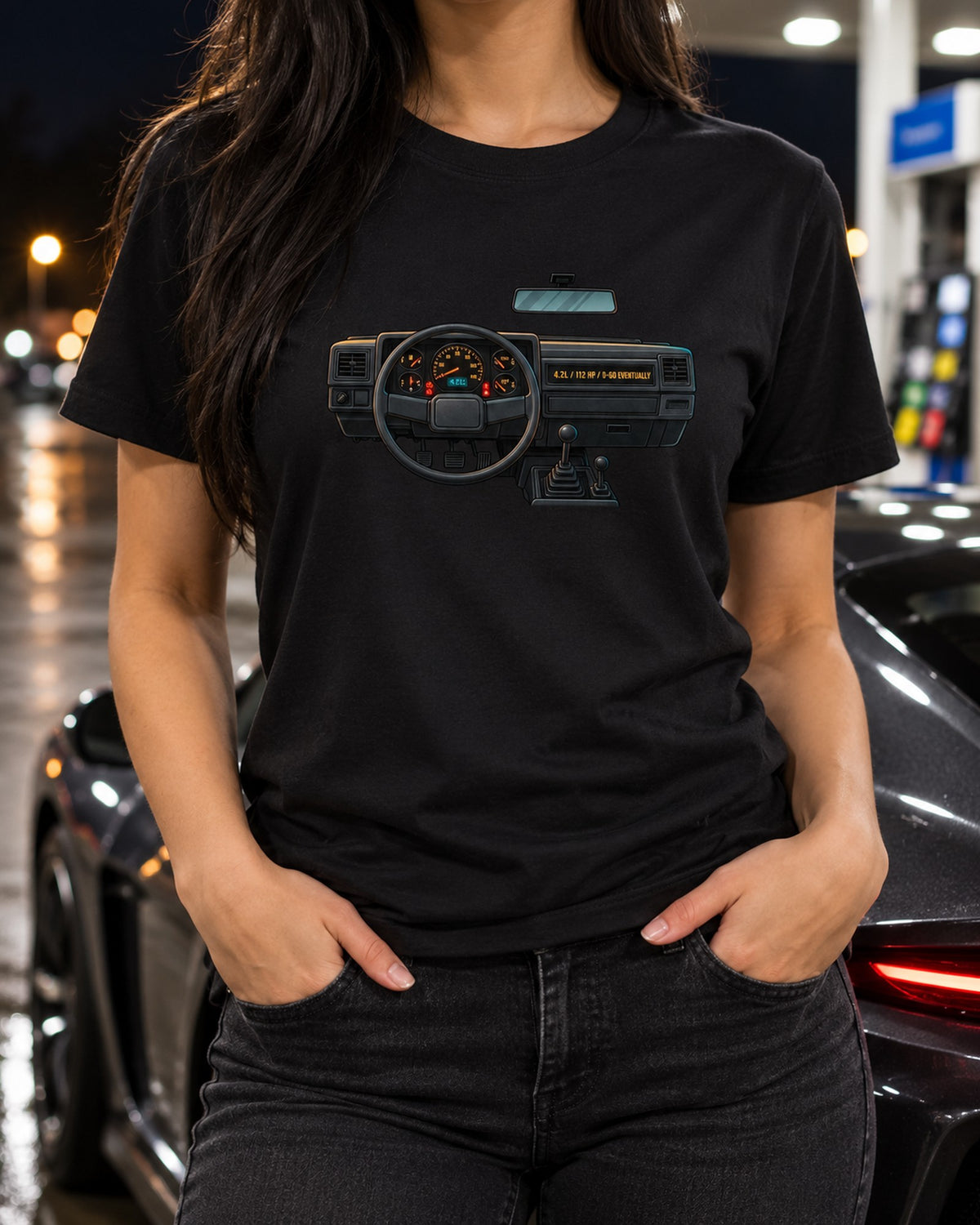 Jeep Wrangler YJ 4.2L Gauge Cluster Readout Tee, 0-60 Joke T-Shirt Black worn hero
