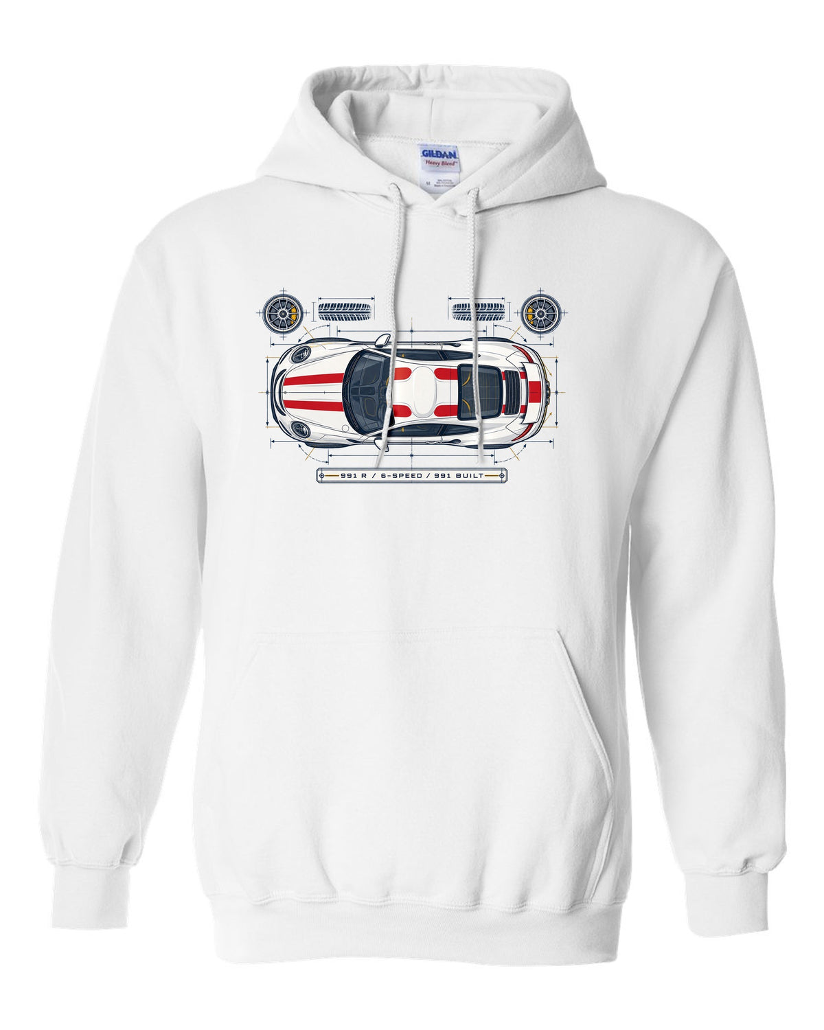 Porsche 993 Carrera five-dial gauge cluster HUD design with no screens text white pull over hoodie front view with the design