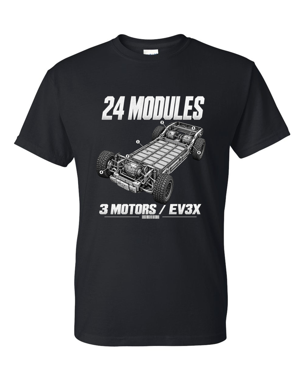 Cutaway of the GMC Hummer EV pickup battery pack and motors with labels black t-shirt front view with the design