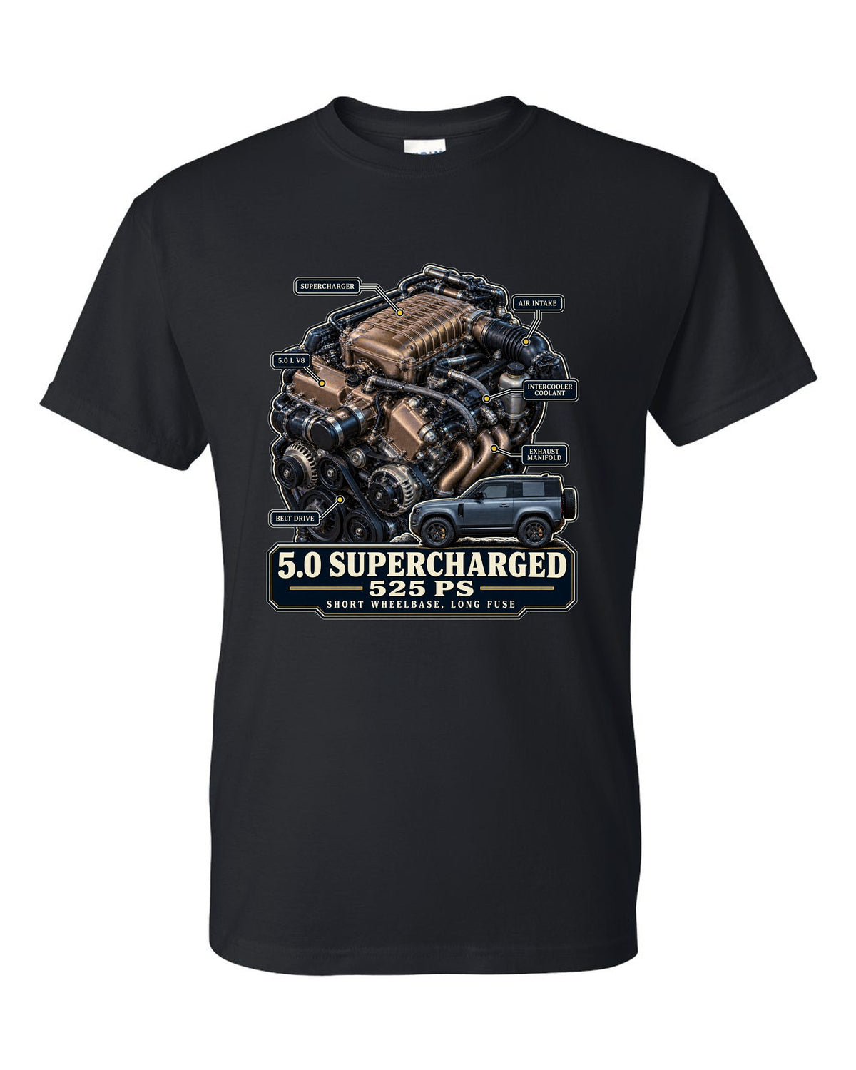 Engine hero print of the Land Rover Defender 90 V8 5.0 supercharged L663 black t-shirt front view with the design