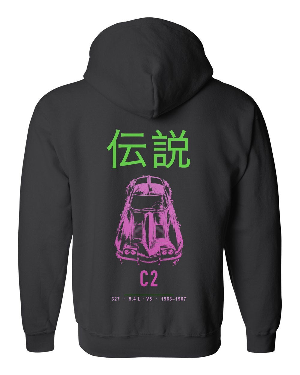 C2 full-back artwork black zip hoodie back view with the design
