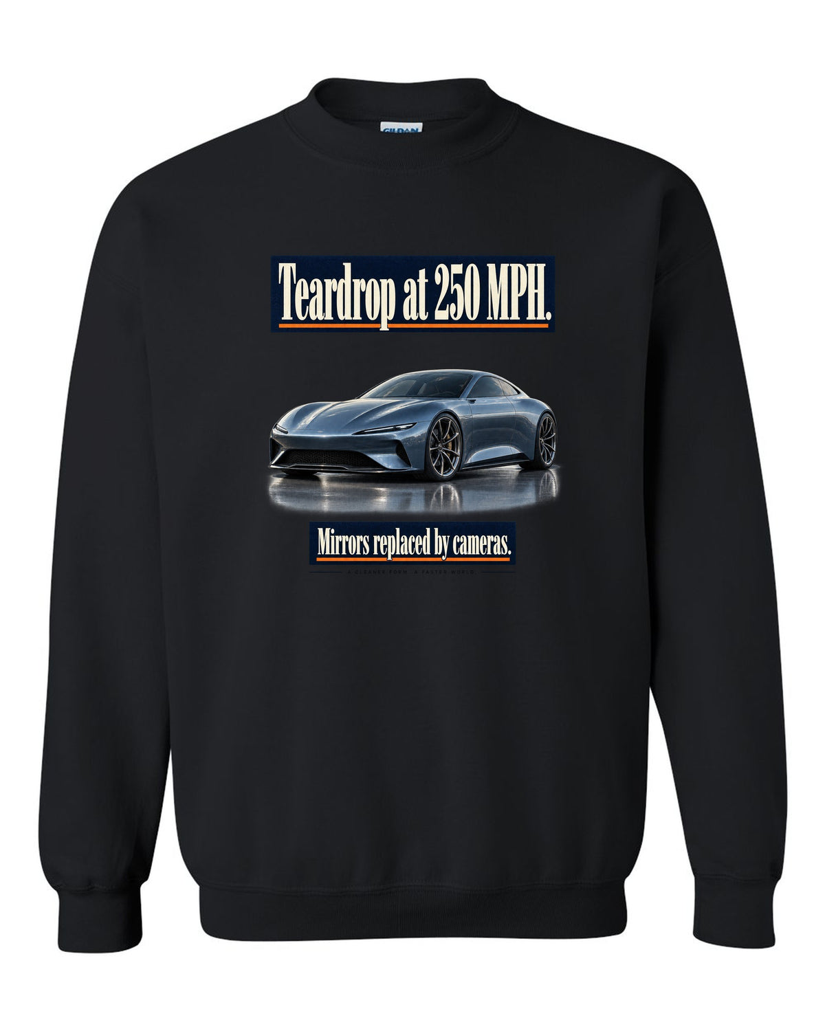 Editorial headline print of a steel blue McLaren Speedtail black crewneck front view with the design