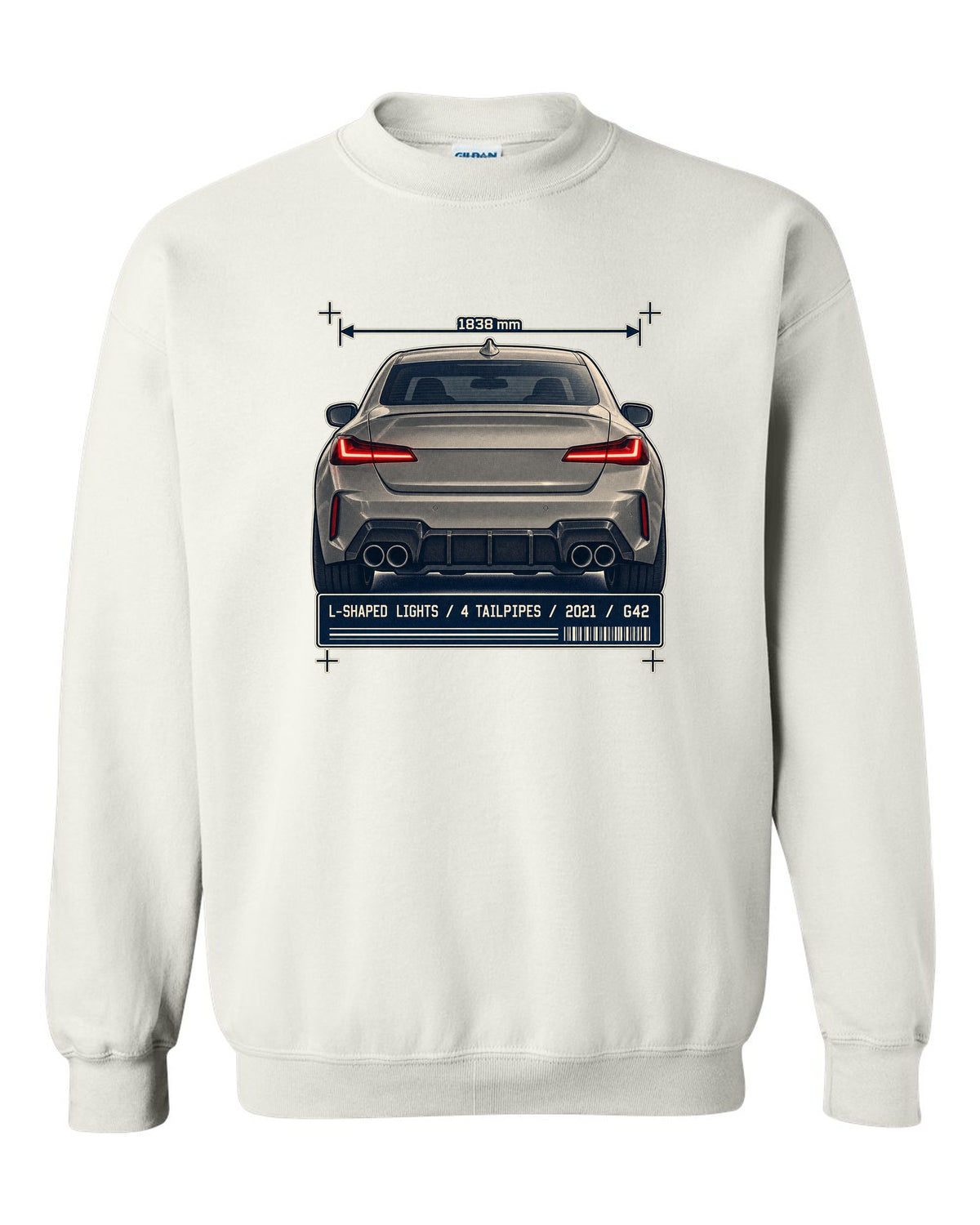BMW M240i G42 rear taillight and tailpipe macro print white crewneck front view with the design