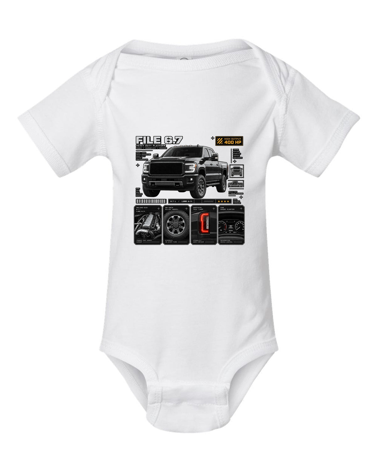 Dossier print of a 2019-24 Ram HD 2500 5th gen in a three-quarter front view white baby onesie front view with the design