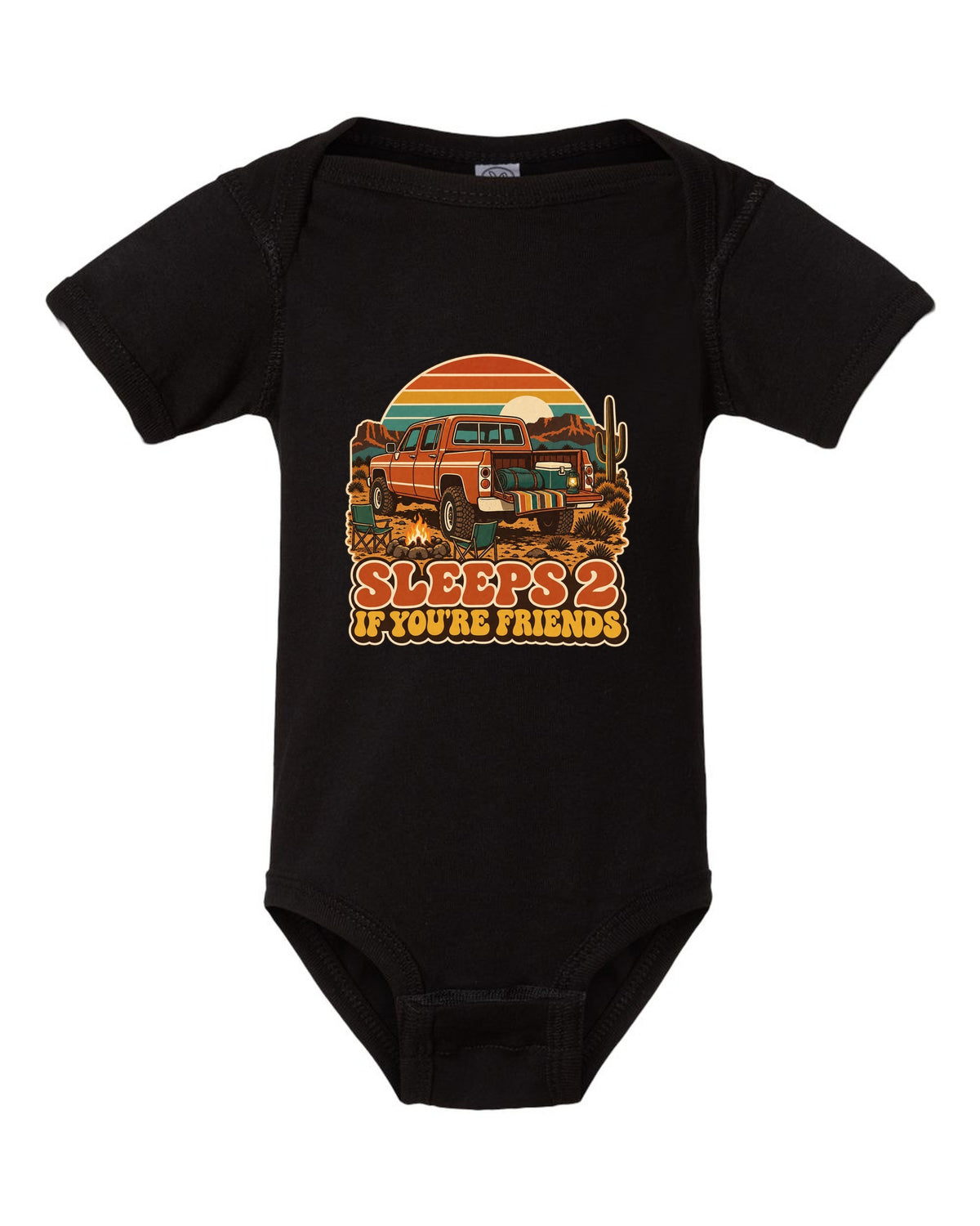 Jeep Gladiator JT retro 70s outdoors poster with sunset stripes and sleeps 2 text black baby onesie front view with the design