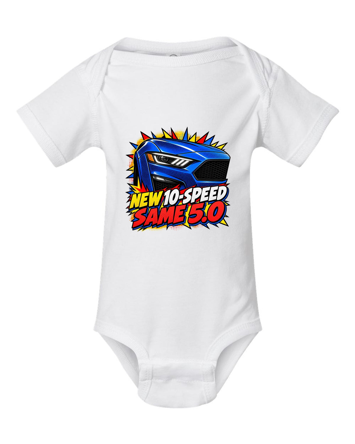 Comic halftone pop-art print of a 2018-23 Ford Mustang S550 GT front end white baby onesie front view with the design