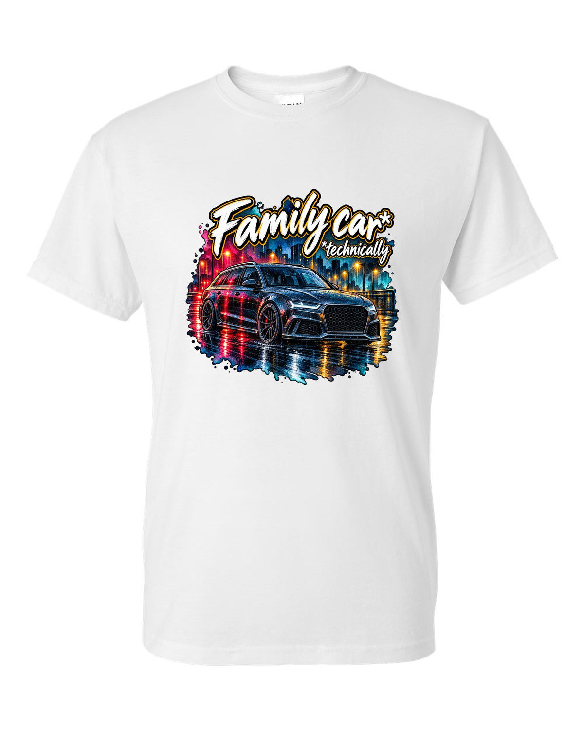 Watercolour wet-road night design of the Audi RS6 Avant C7 4G with family car technically lettering white t-shirt front view with the design