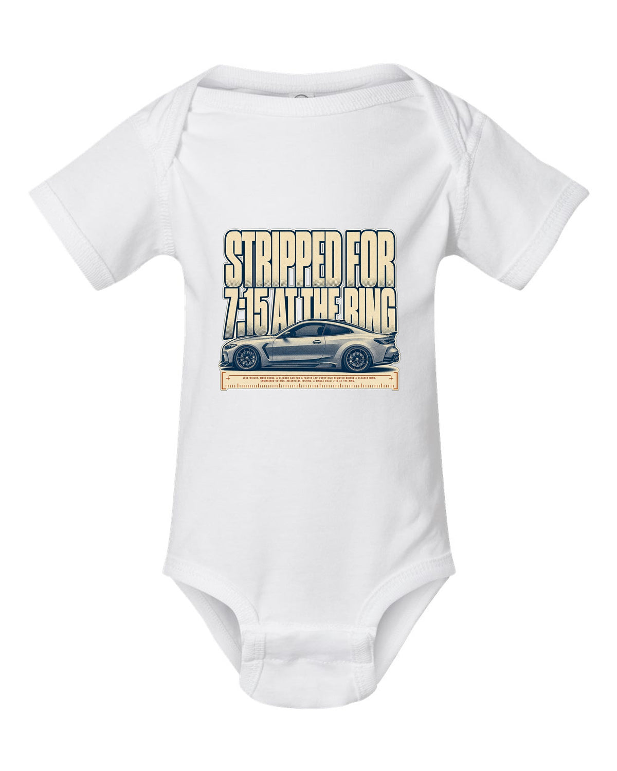 BMW M4 CSL G82 halftone print with 7:15 at the Ring text white baby onesie front view with the design