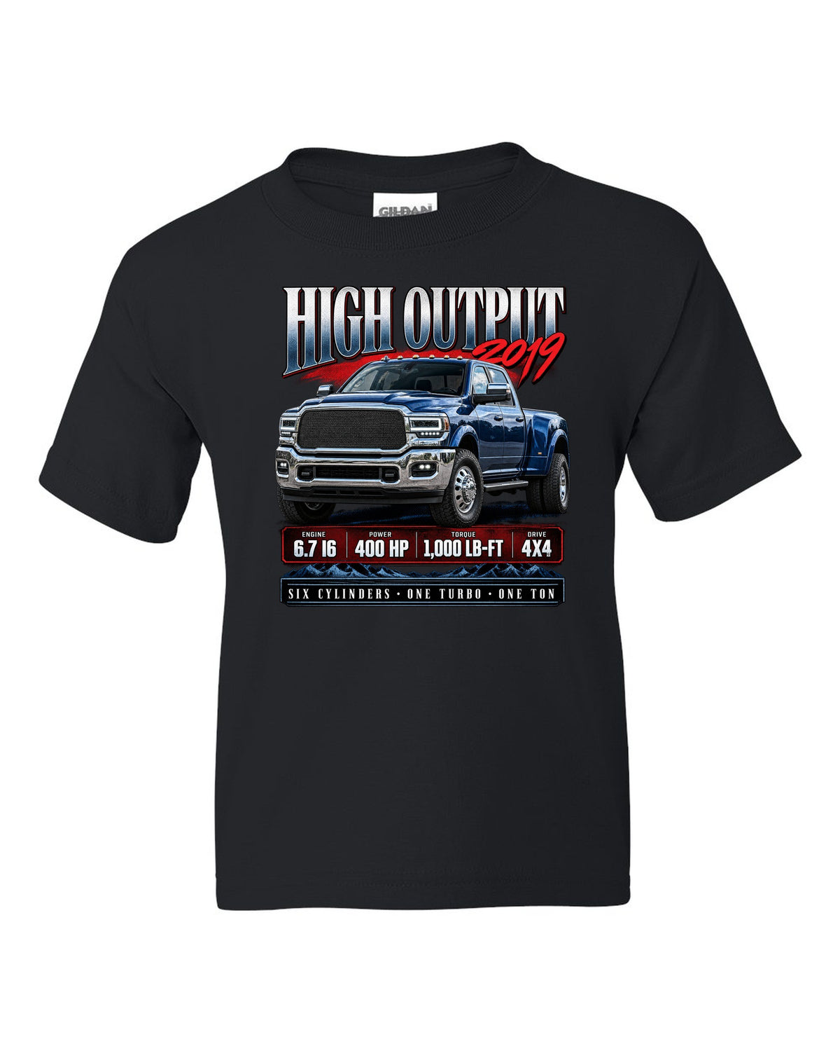 Archive panel of a 2019 Ram 3500 5th gen High Output 6.7 with 400 HP and 1,000 lb-ft black kids tee front view with the design