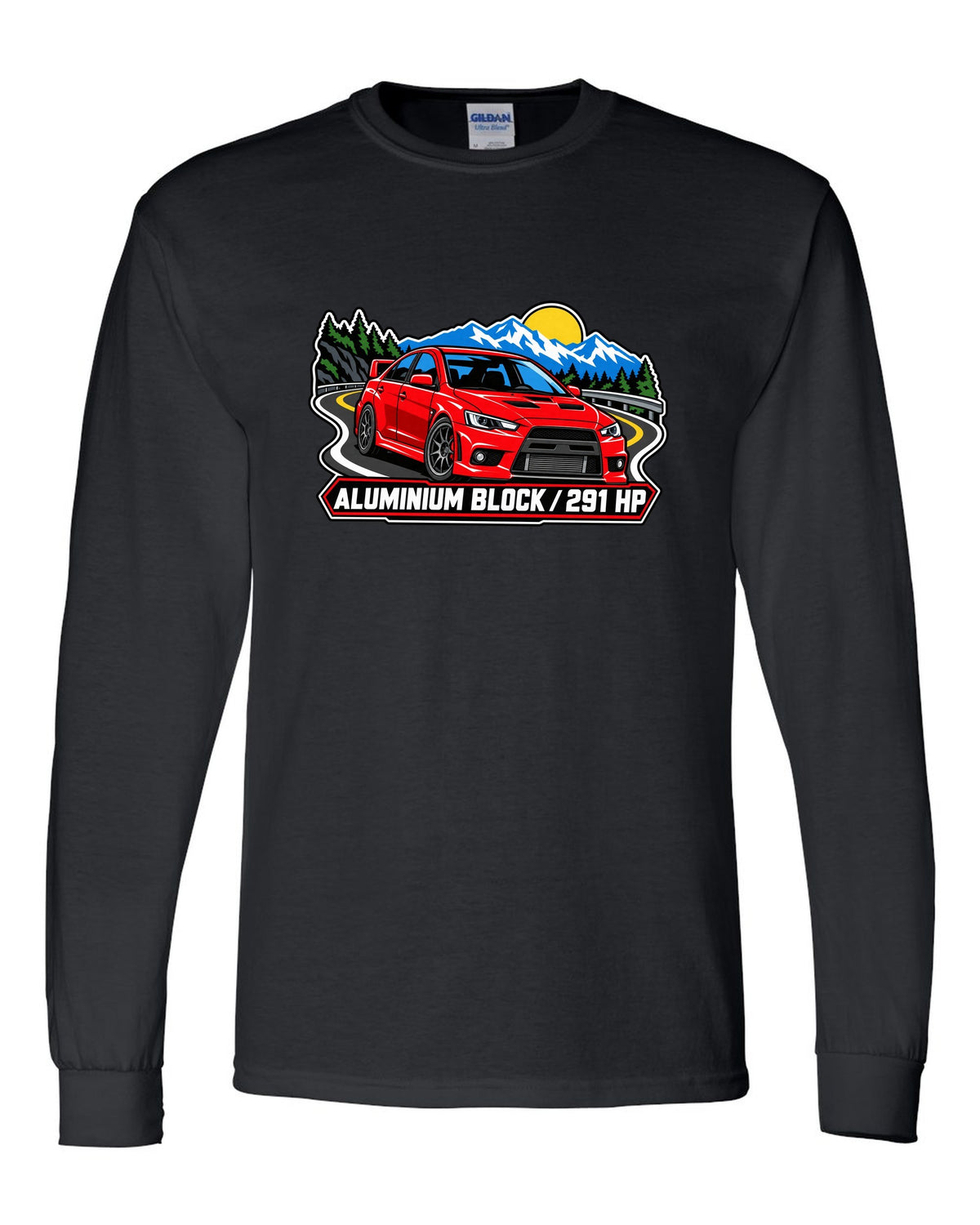 Bold three-colour screen-print style print of an airborne Mitsubishi Evo X CZ4A with all four left the ground text black long sleeve front view with the design