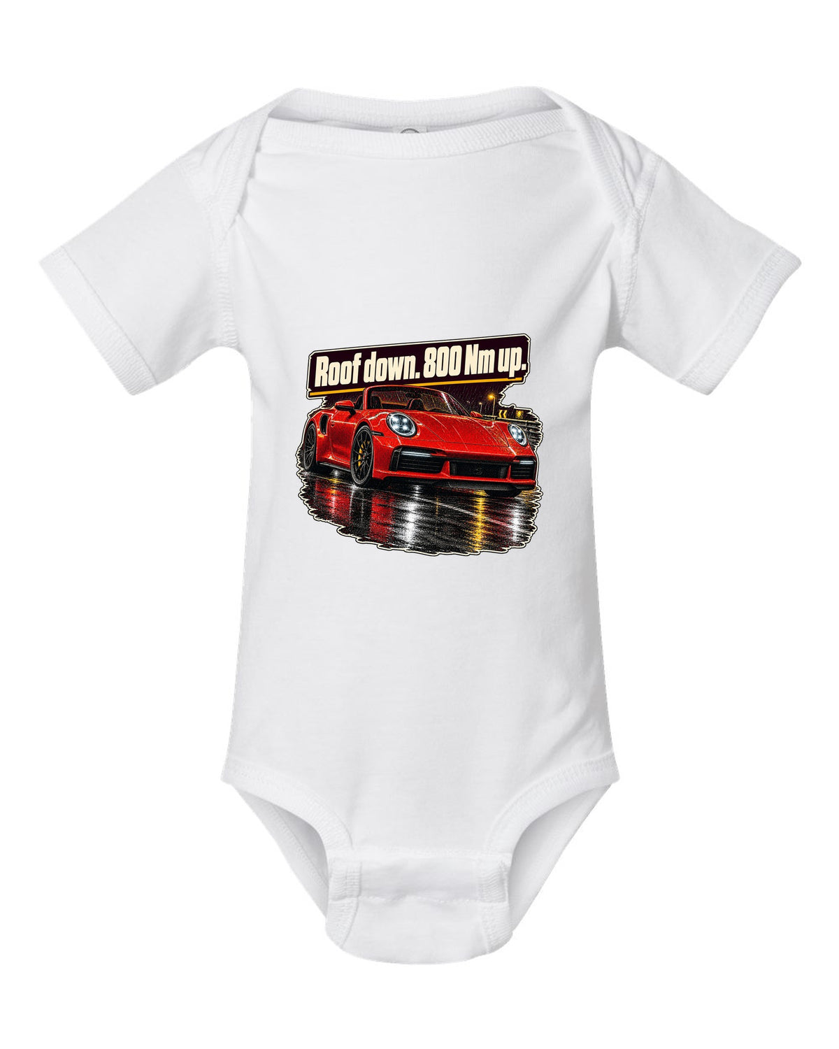 Night street print of a Porsche 992 Turbo S Cabriolet with roof down white baby onesie front view with the design