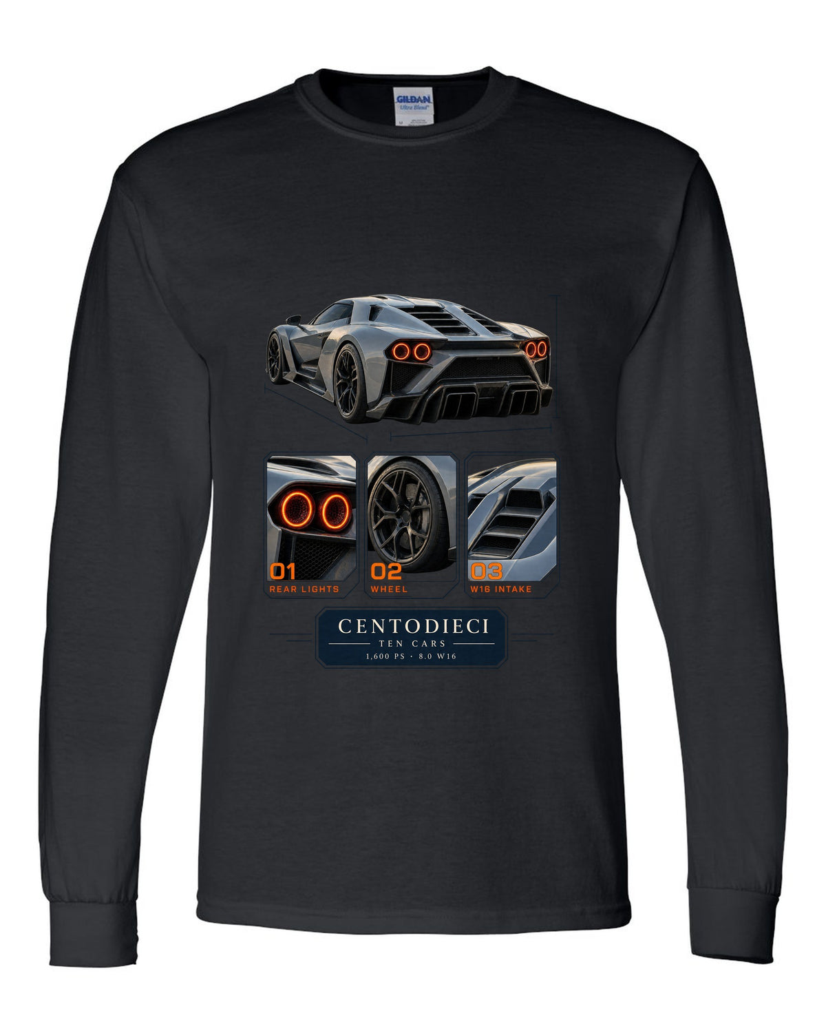 Dossier panel layout of the Bugatti Centodieci with ten-car text, print black long sleeve front view with the design