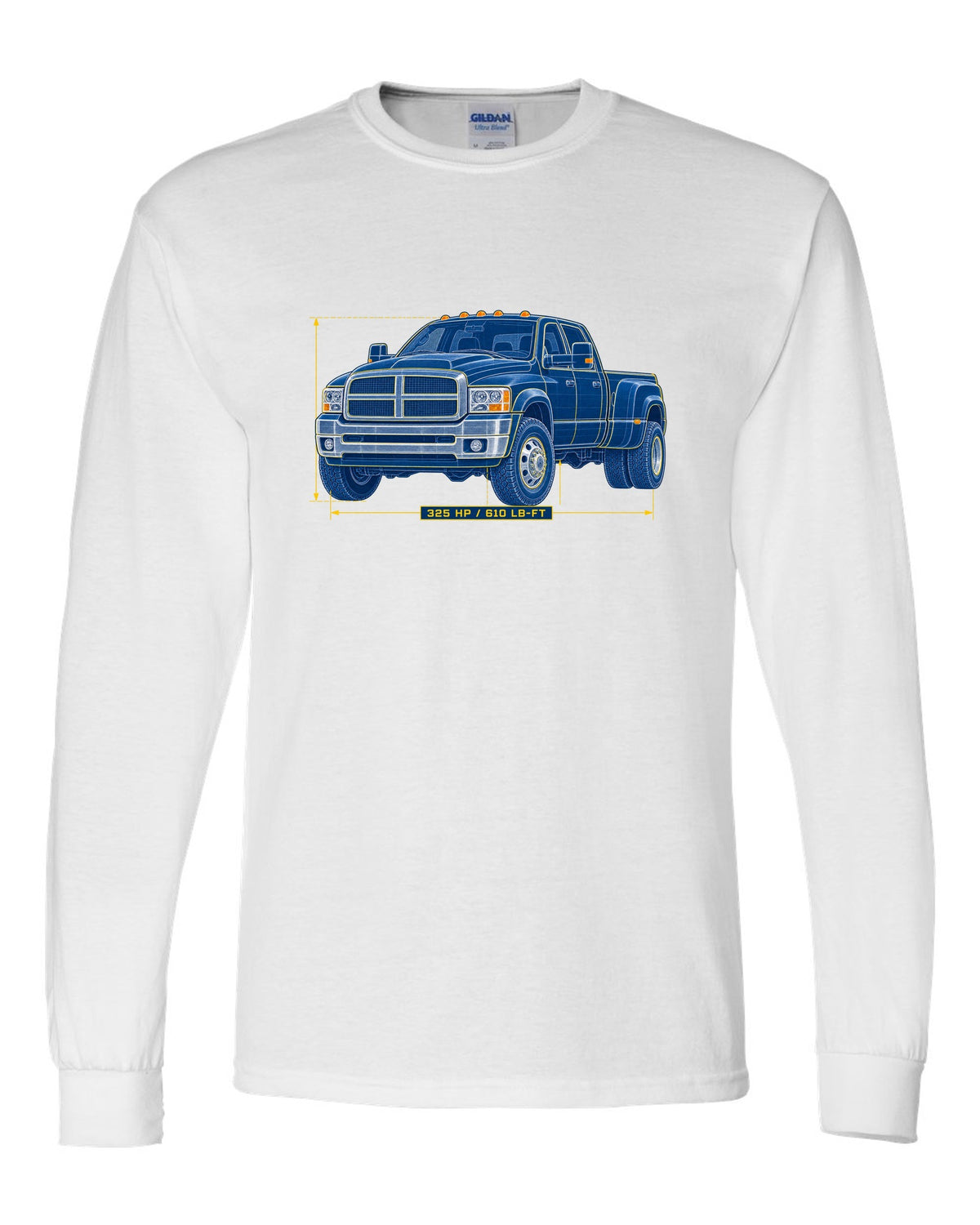 Cyanotype blueprint of a 2003-2009 Dodge Ram 3rd gen 5.9 HO with 325 HP and 610 LB-FT lettering white long sleeve front view with the design