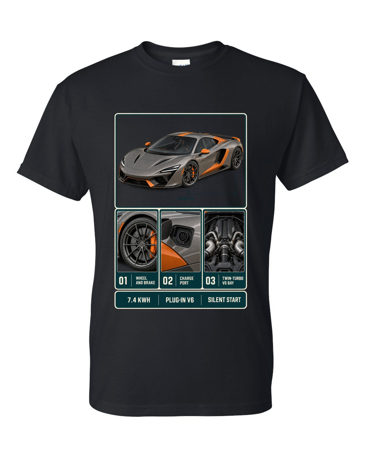 McLaren Artura dossier panel print with 7.4 kWh, plug-in V6 and silent start black t-shirt front view with the design