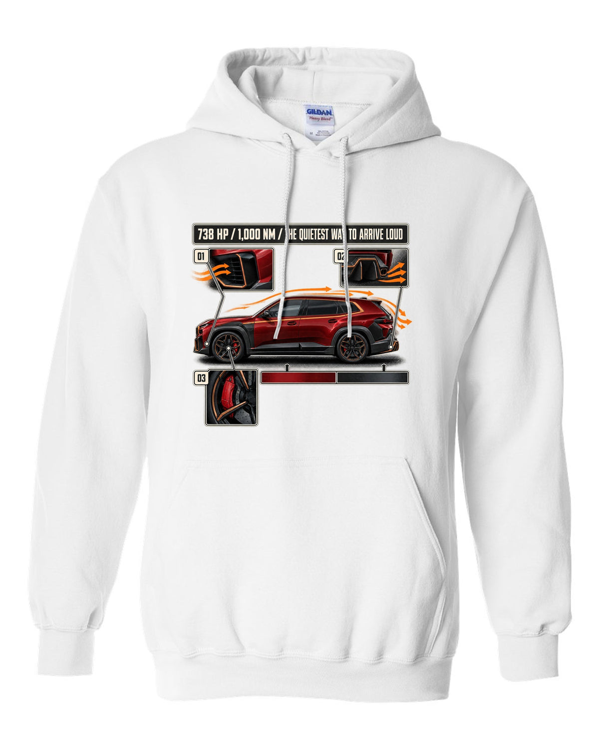 BMW XM Label Red aero cutaway callouts print on a tee white pull over hoodie front view with the design