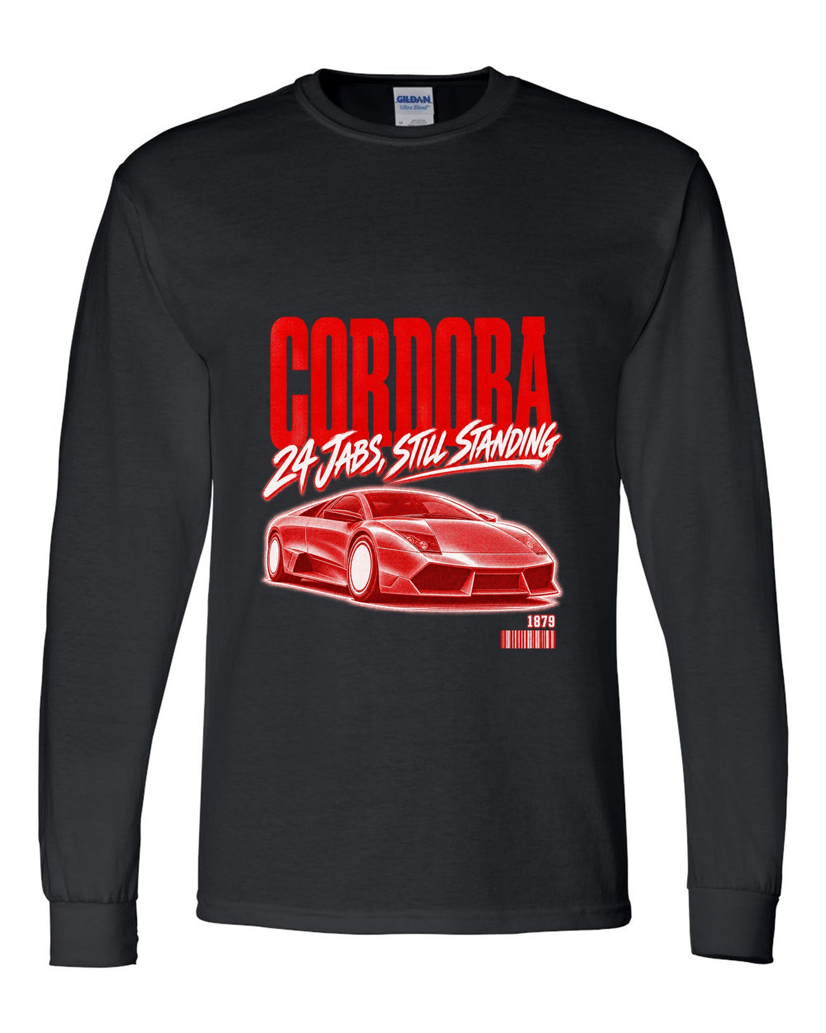 Street poster print of a Lamborghini Murcielago LP640 with Cordoba and 1879 text black long sleeve front view with the design