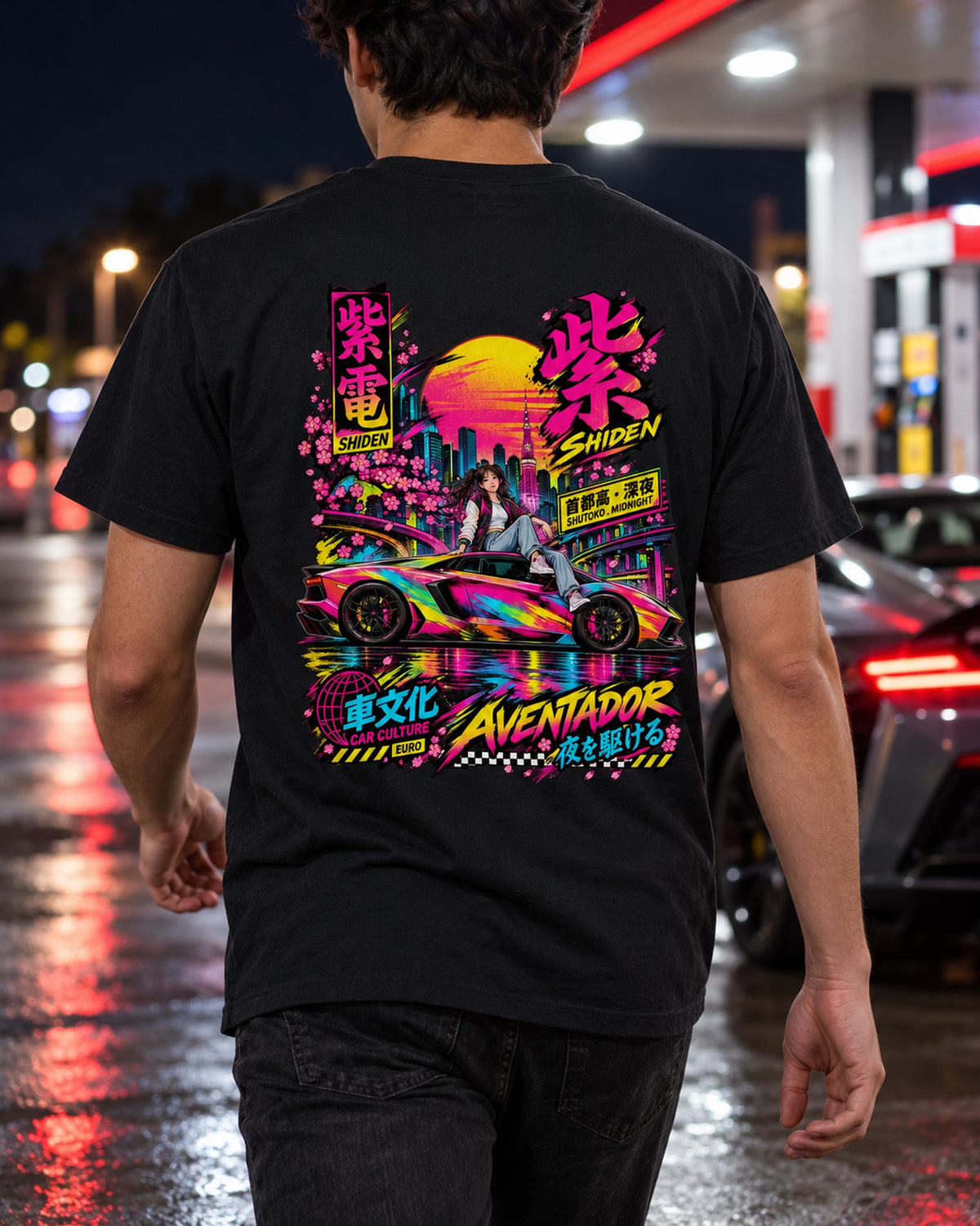 SHIDEN AVENTADOR Anime Girl Full-Back Graphic Tee T-Shirt Black worn hero