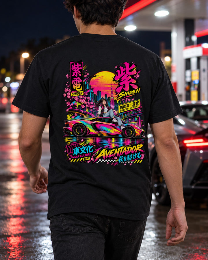 SHIDEN AVENTADOR Anime Girl Full-Back Graphic Tee T-Shirt Black worn hero