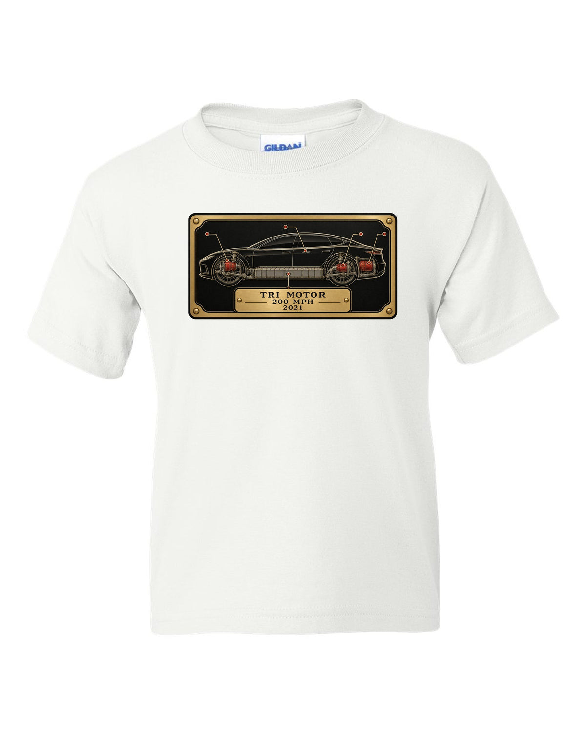 Spec-sheet data plate layout for a 2021 Tesla Model S Plaid with the words Tri Motor 200 MPH 2021 white kids tee front view with the design