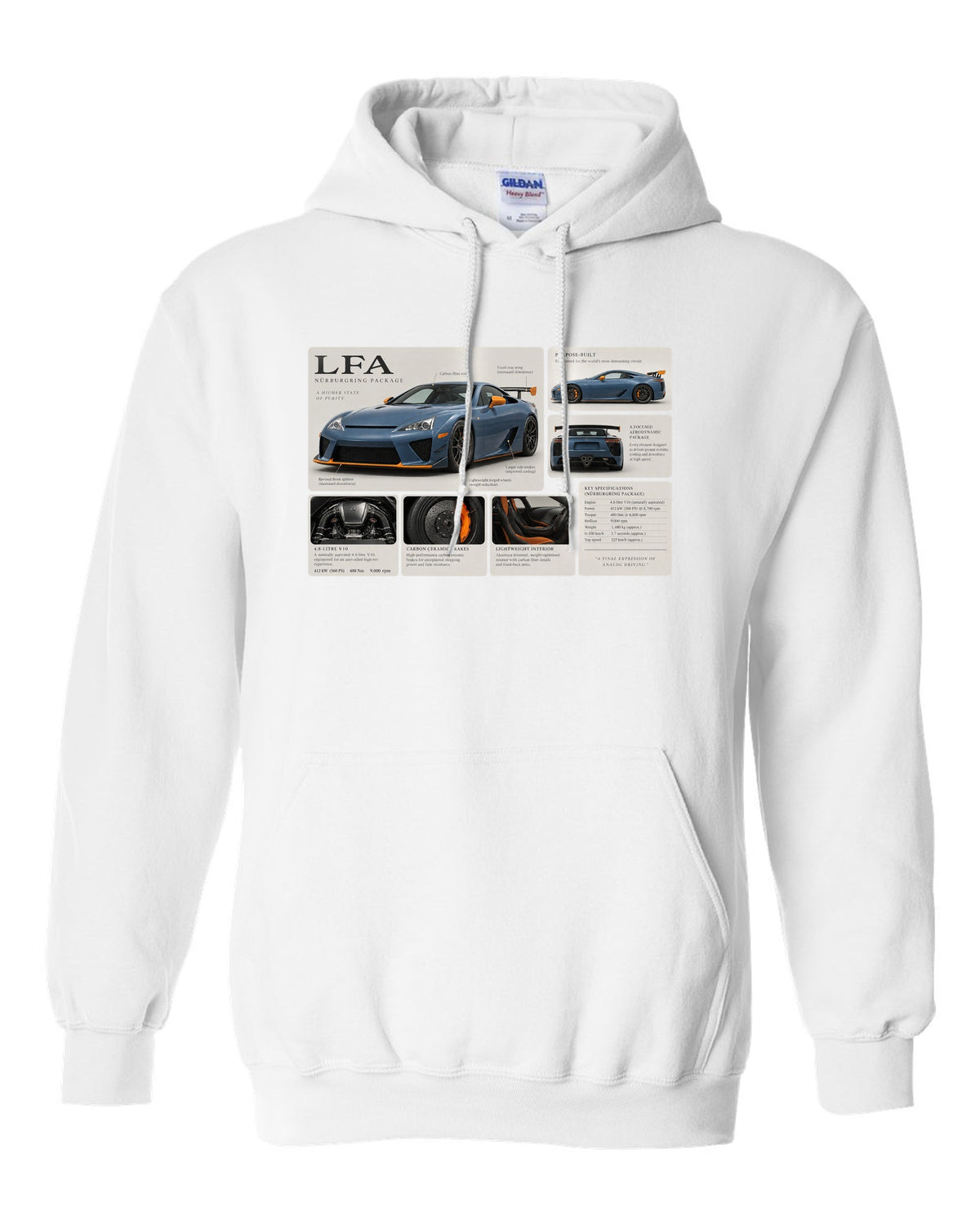 Dossier panel layout for the Lexus LFA Nurburgring Package with V10 notes white pull over hoodie front view with the design