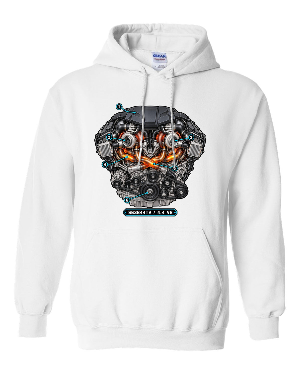 Exploded cutaway engine print of the BMW S63 4.4 V8 from the X5 M F85 white pull over hoodie front view with the design