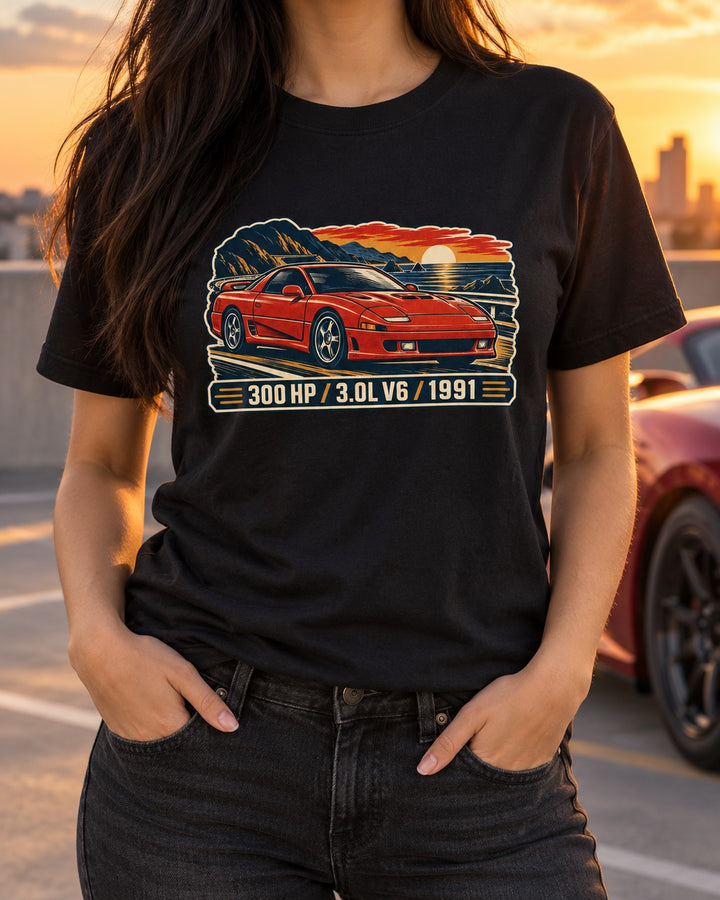 Twin Turbo Linocut Shirt, Mitsubishi 3000GT VR-4 V6, 1991 T-Shirt Black worn hero