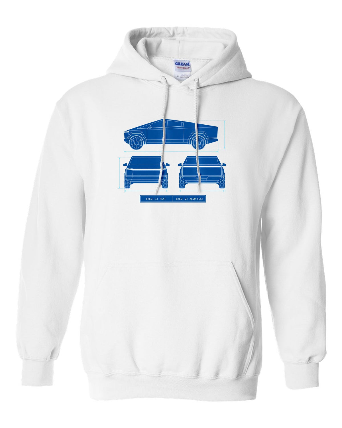 Technical blueprint line art of a 2023 Tesla Cybertruck with Sheet 1 Flat and Sheet 2 Also Flat lettering white pull over hoodie front view with the design