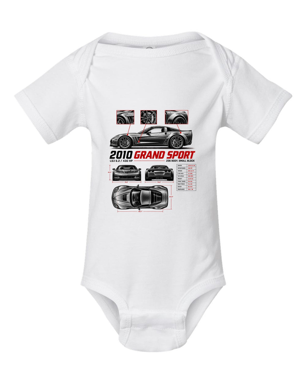 Corvette C6 Grand Sport 2010 with wide haunches, spec poster white baby onesie front view with the design