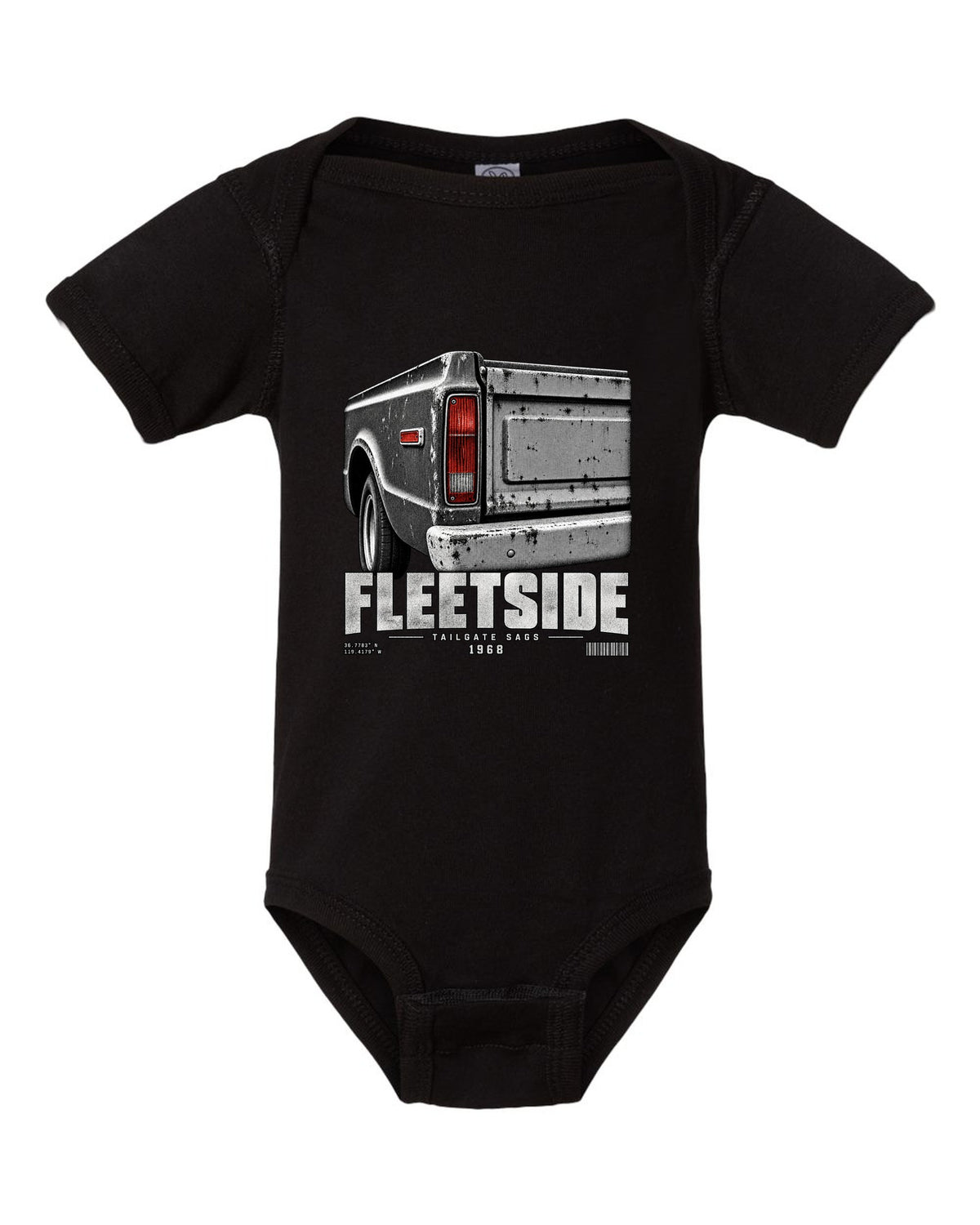 Close-up of a 1968 Chevy C10 Fleetside taillight and tailgate, print black baby onesie front view with the design