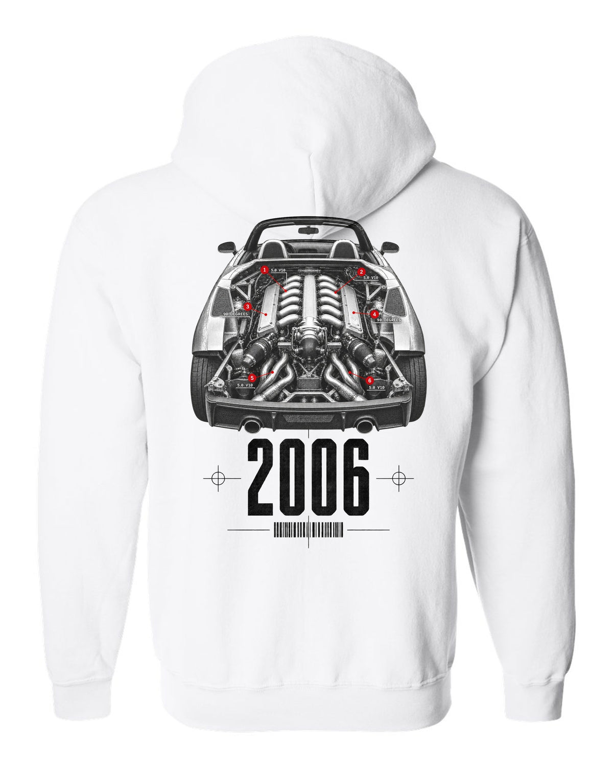 Engine hero print of a Lamborghini Gallardo Spyder with 5.0 V10 and 90 Degrees text white zip hoodie back view with the design