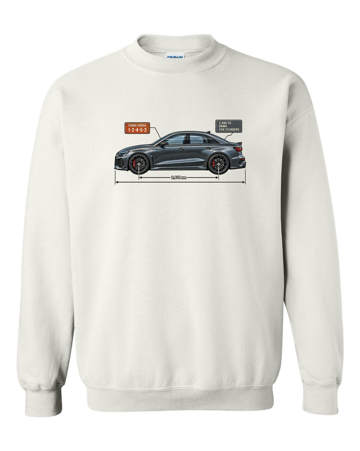Blueprint of the Audi RS3 8Y sedan with 1-2-4-5-3 firing order white crewneck front view with the design