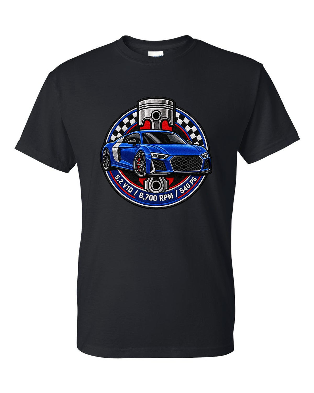 Varsity badge crest print of an Audi R8 4S with 5.2 V10 and 540 PS text black t-shirt front view with the design