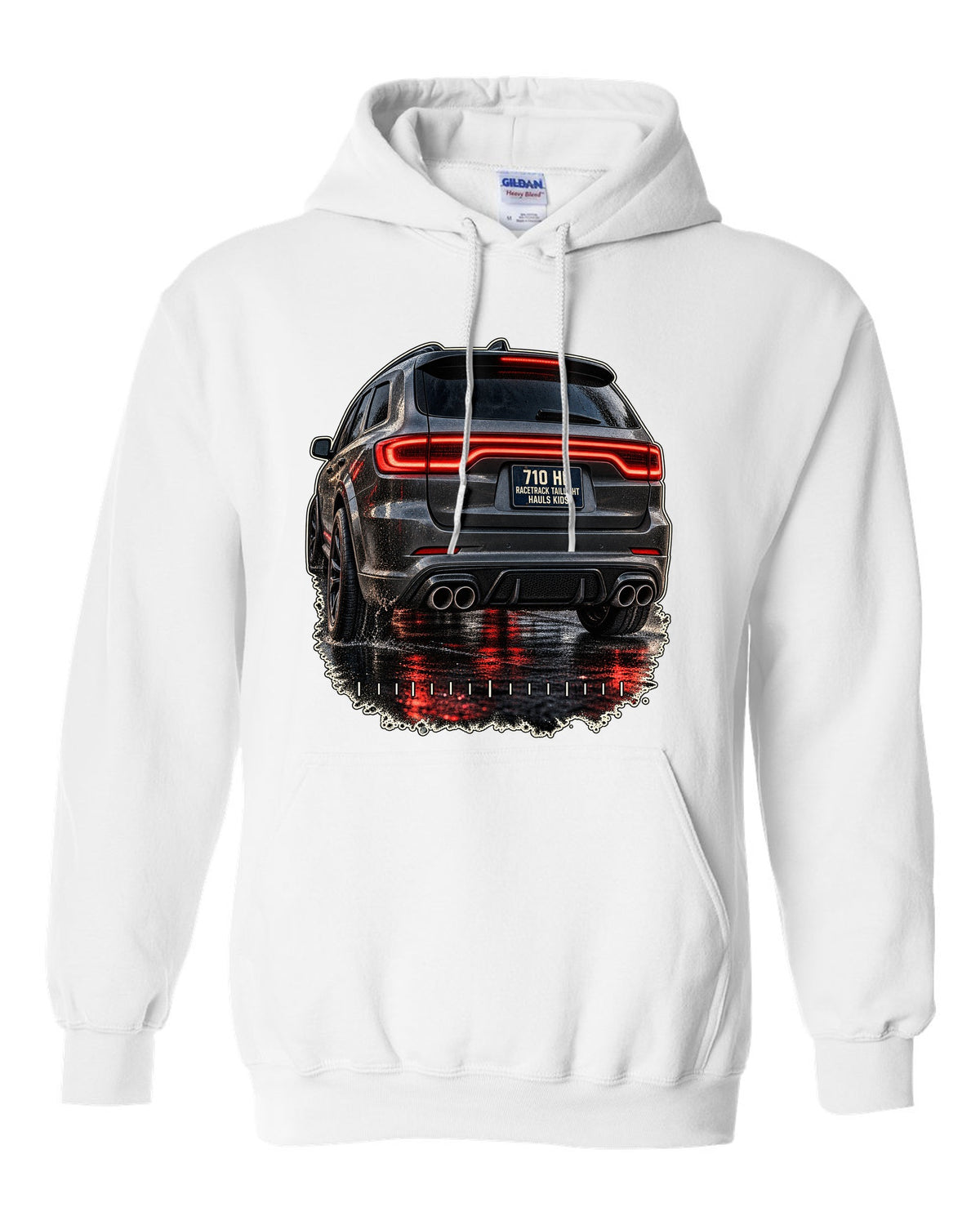 print of a Dodge Durango SRT Hellcat taillight close-up white pull over hoodie front view with the design
