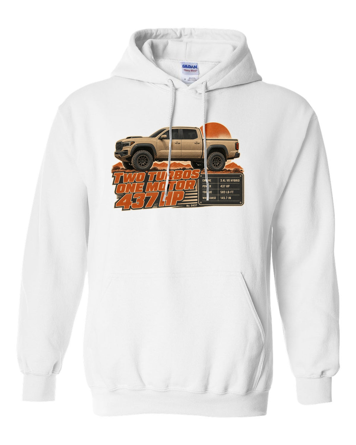 Toyota Tundra TRD Pro i-FORCE MAX hybrid spec poster design white pull over hoodie front view with the design