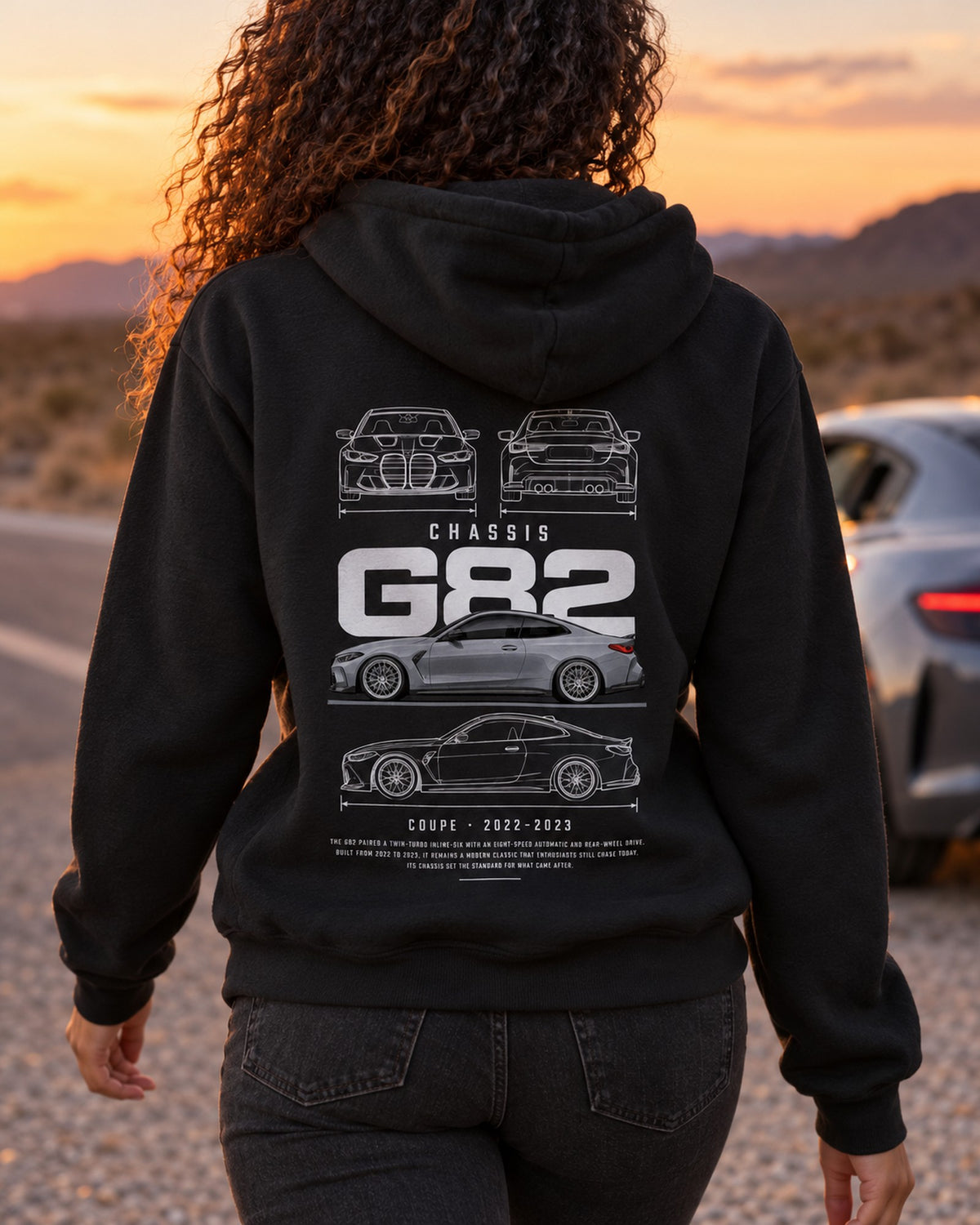 BMW G82 M4 CSL coupe Blueprint Full-Back Graphic Tee, G82 Chassis Code Pull Over Hoodie Black worn hero