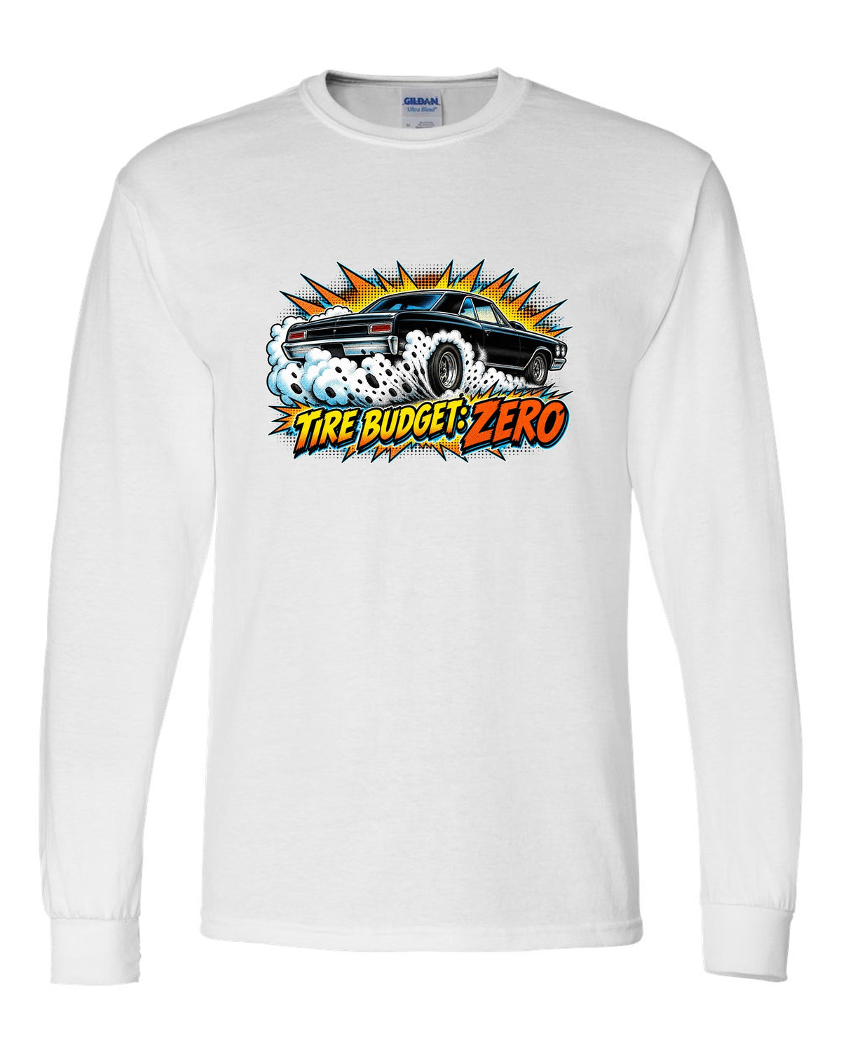 Comic halftone burst illustration of a 1966 Chevrolet Chevelle Malibu SS doing a burnout white long sleeve front view with the design