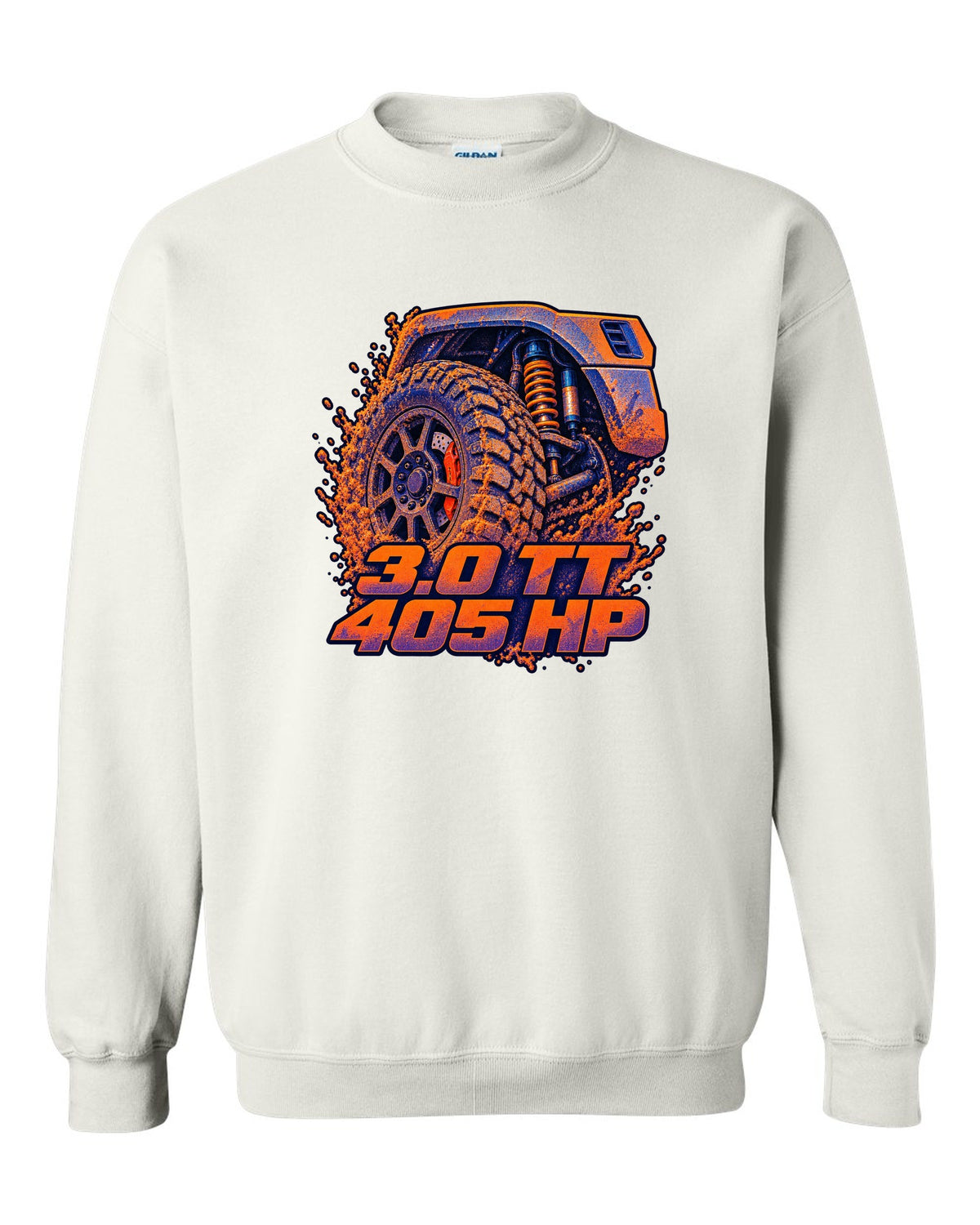 Ford Ranger Raptor P703 wheel and brake in a risograph style print white crewneck front view with the design