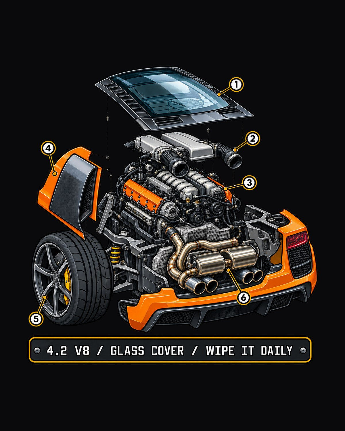 Audi R8 Type 42 4.2 V8 Glass Engine Cover Exploded Shirt design only