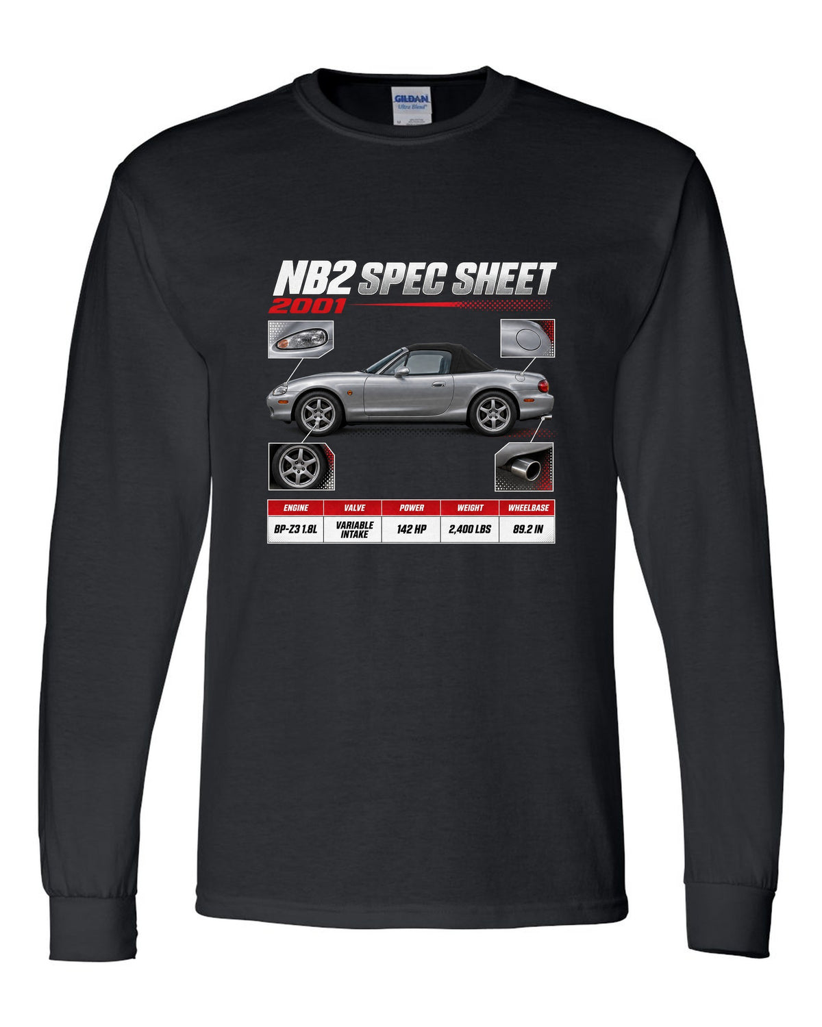 Spec poster print for the 2001 Mazda MX-5 NB2 reading NB2 spec sheet, 2001, variable intake black long sleeve front view with the design