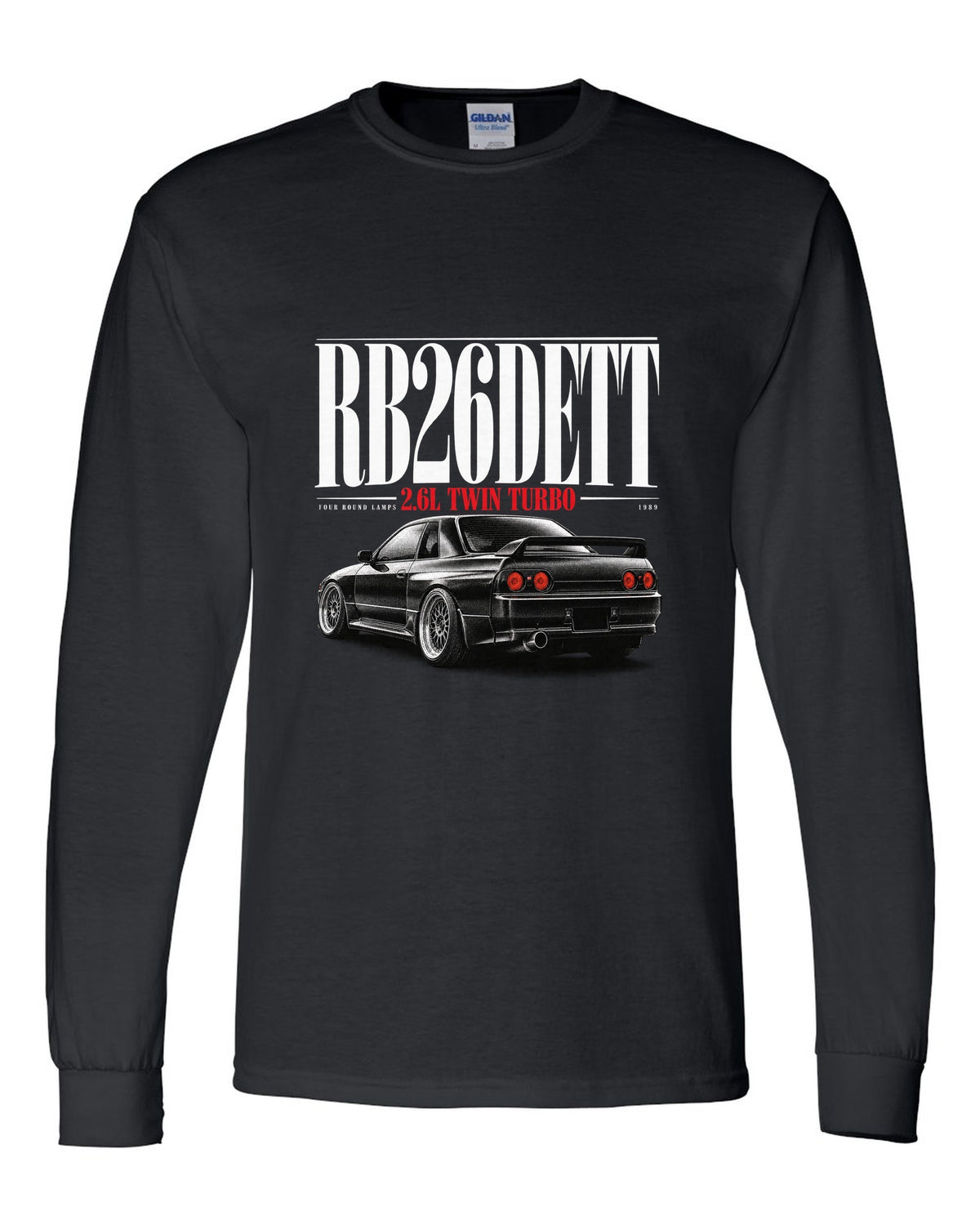 Editorial headline print of a Nissan Skyline GT-R R32 BNR32 with RB26DETT text black long sleeve front view with the design