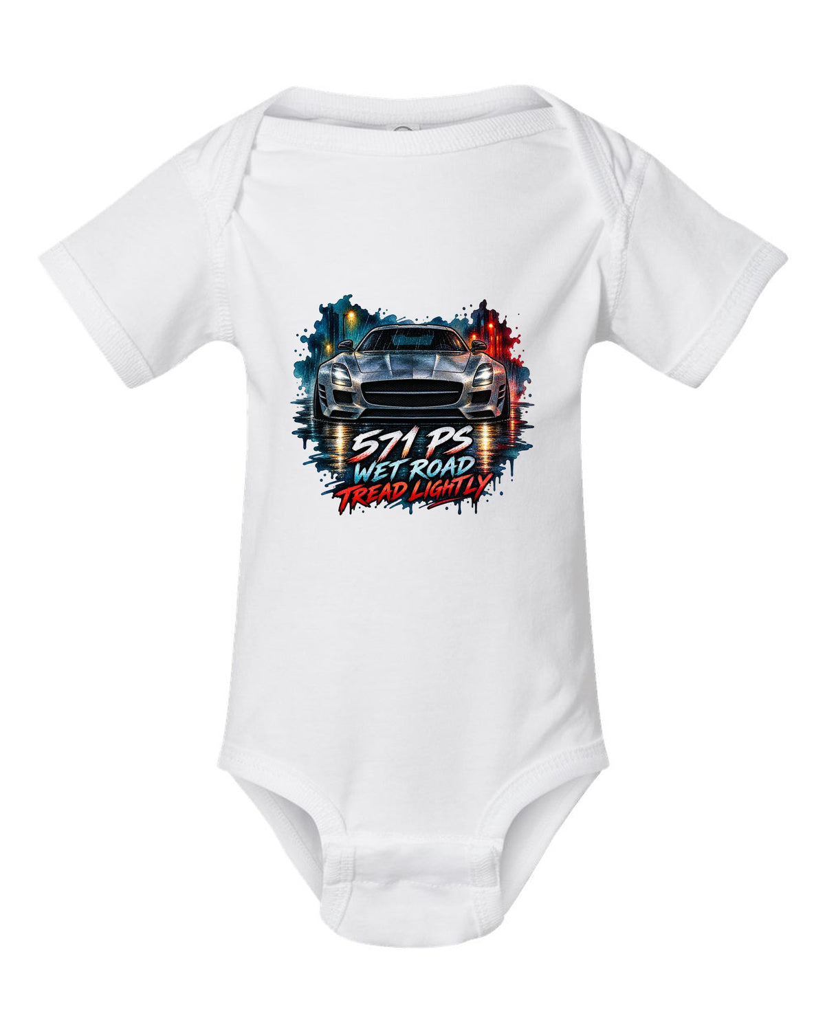 Watercolour illustration of a Mercedes SLS AMG C197 on a wet night road with 571 PS text white baby onesie front view with the design