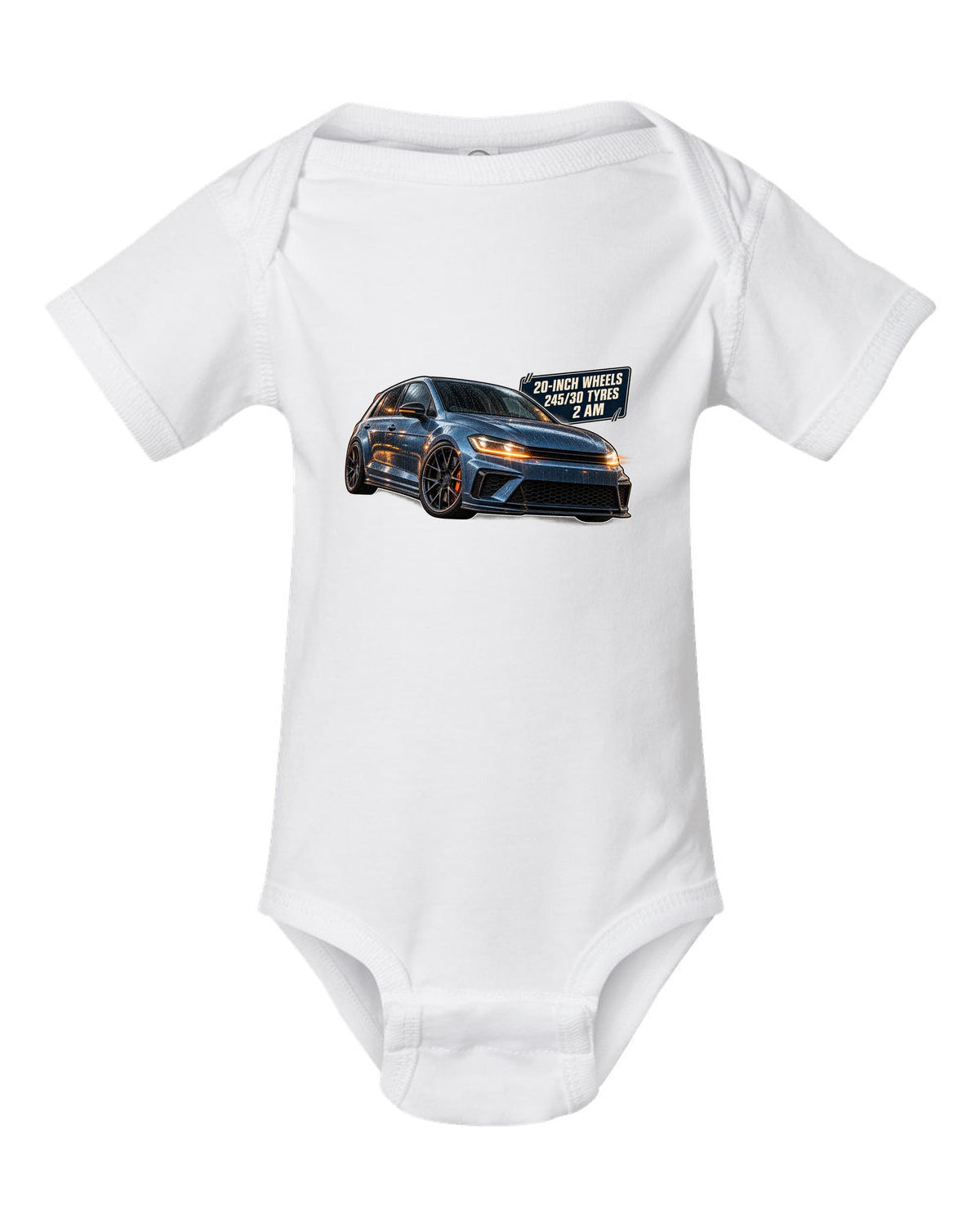 print of a Boost Blue Honda Civic Type R FK8 on a night touge road white baby onesie front view with the design