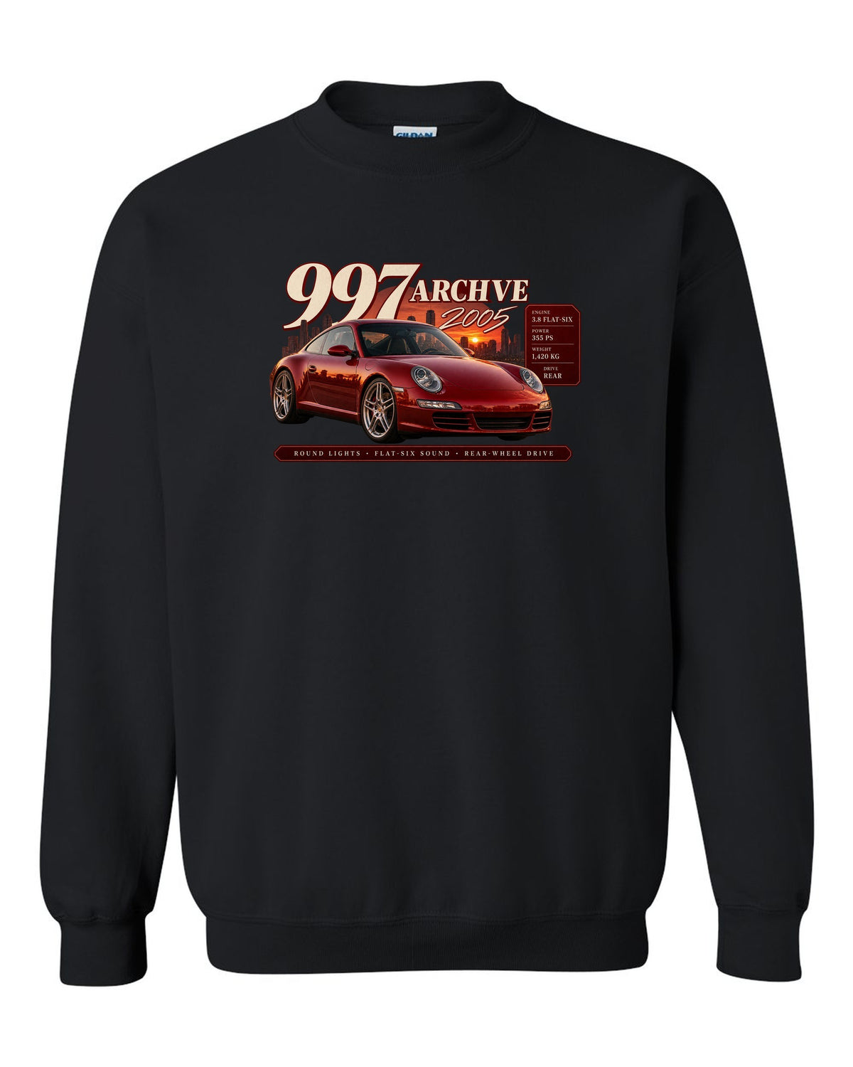 Archive panel print of a deep red Porsche 911 Carrera S 997.1 with 3.8 flat-six spec lines black crewneck front view with the design