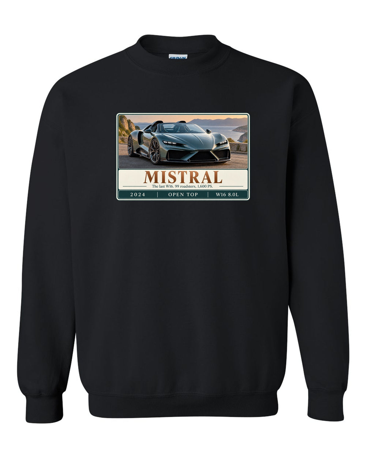Bugatti Mistral roadster editorial headline print about the last W16 black crewneck front view with the design